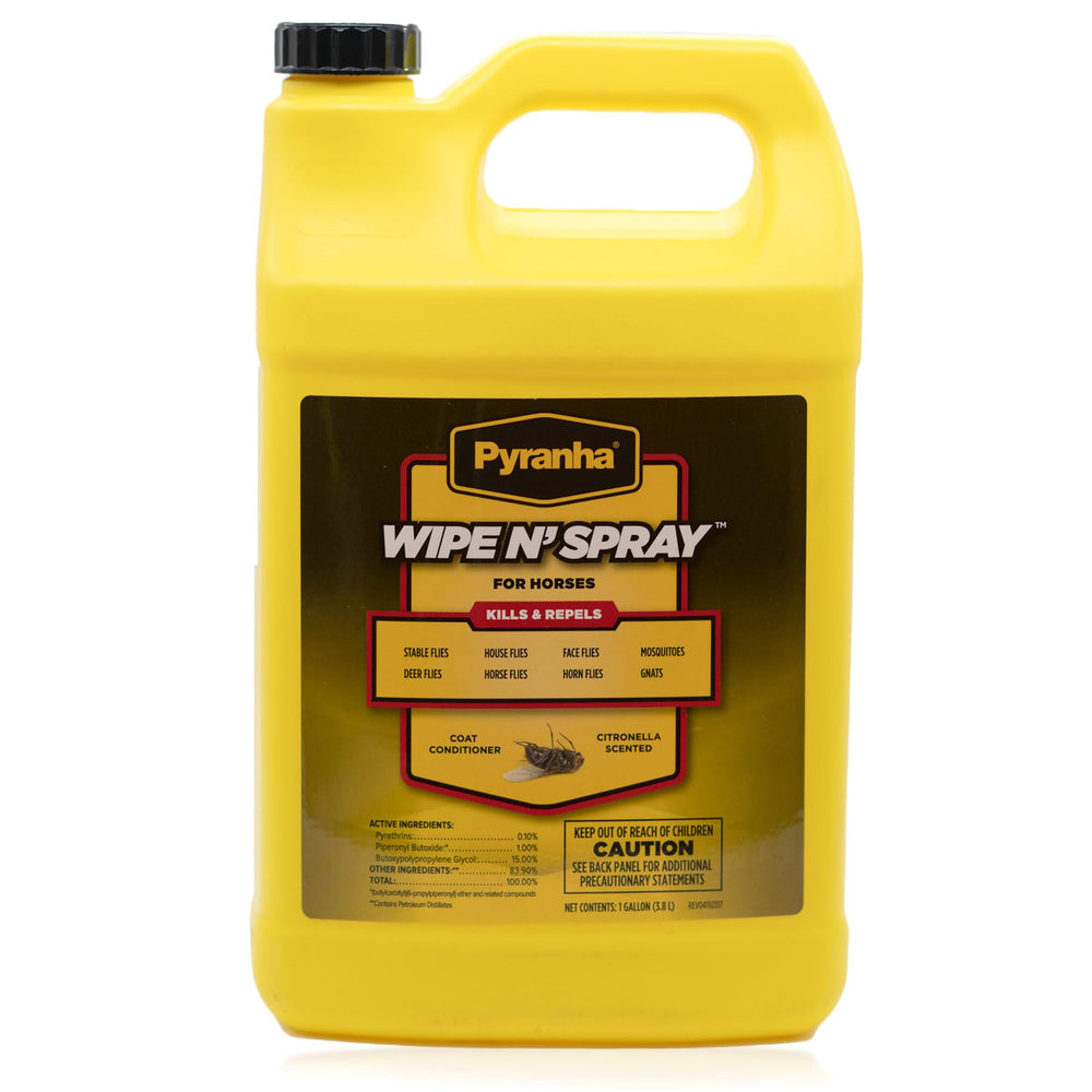 Pyranha Wipe N' Spray bottle pour for easy, long-lasting horse protection.