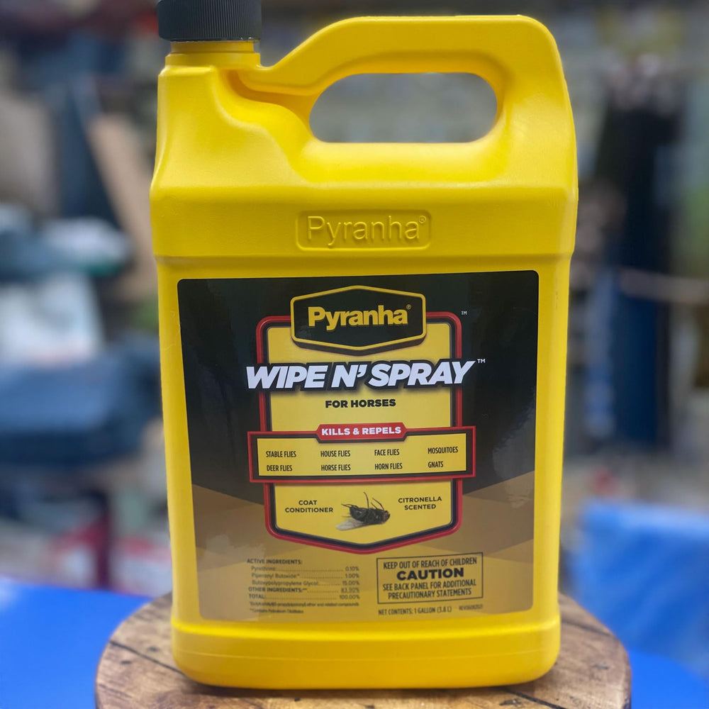 Pyranha Wipe N' Spray spray action on horse coat for quick protection.