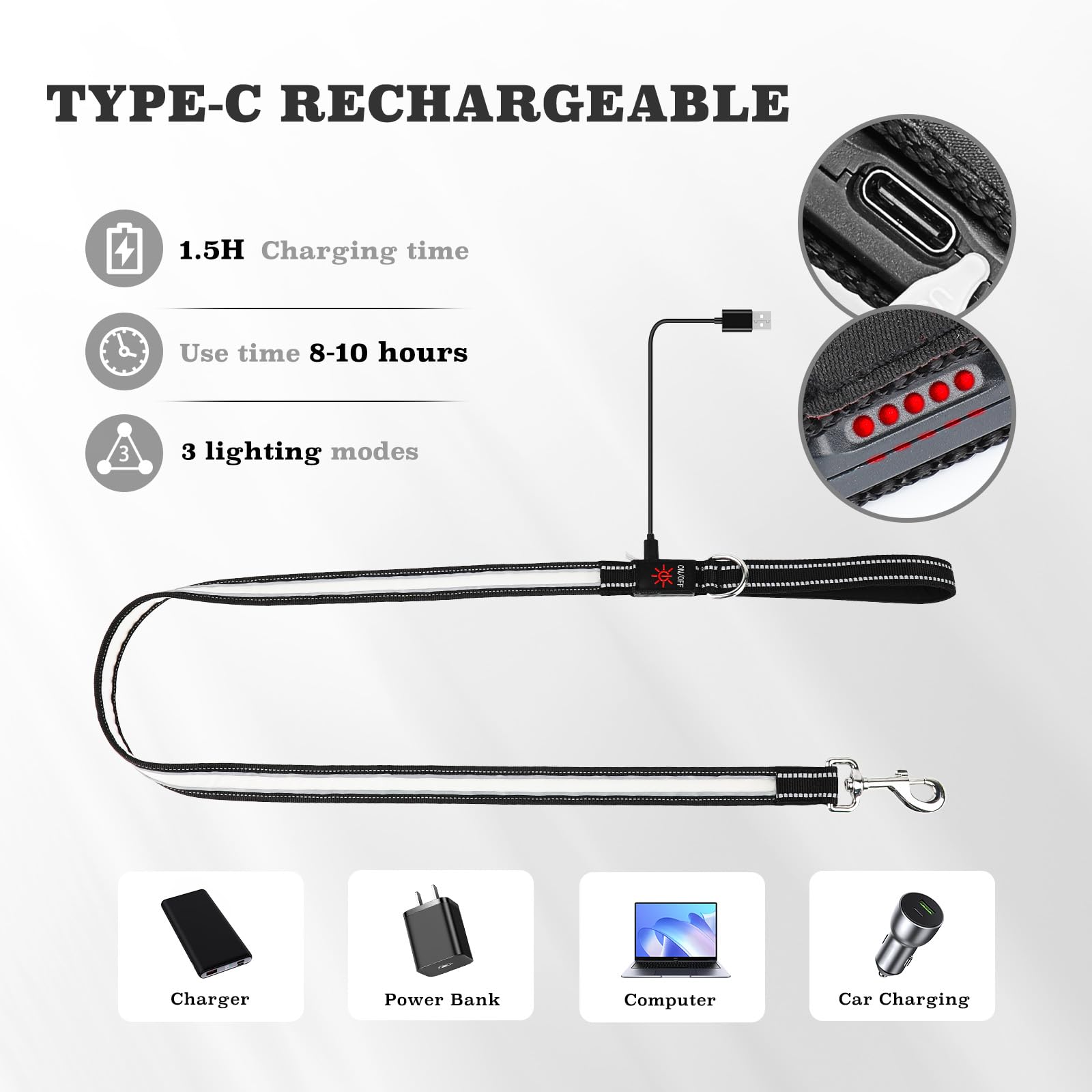PZRLit USB-C rechargeable leash with battery display for easy charging.