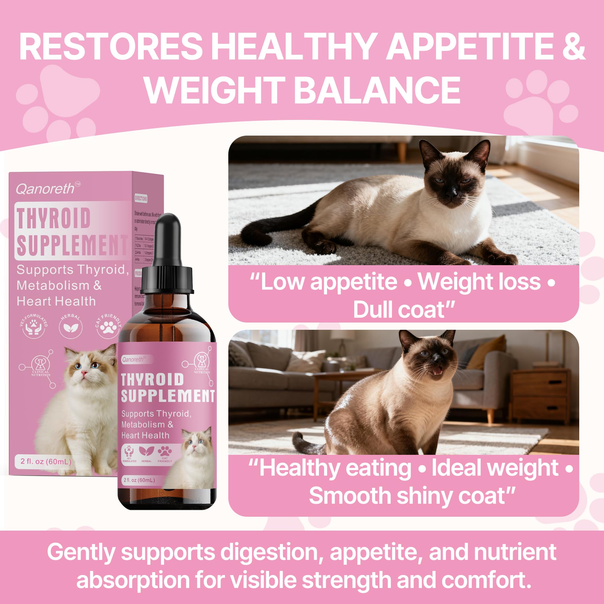 Qanoreth Thyroid Support for Cats herbal blend close-up reveals natural ingredients.