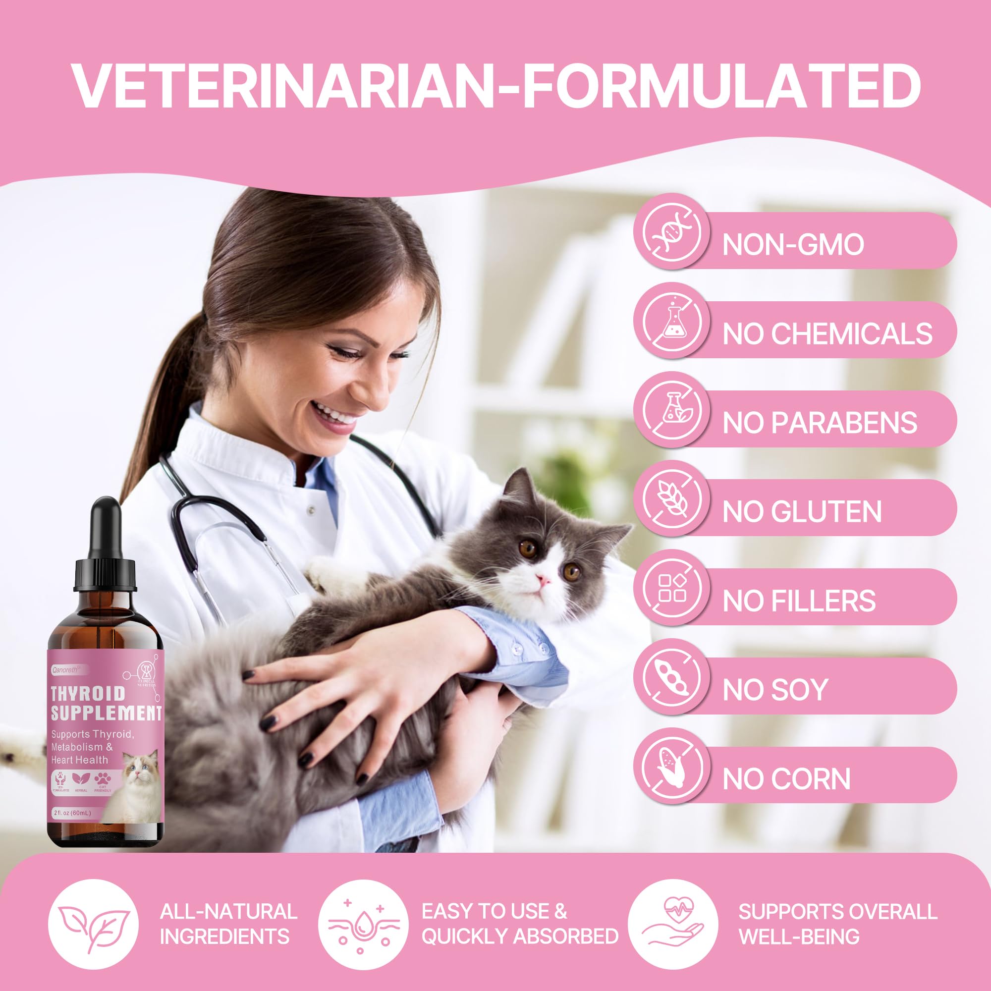 Qanoreth Thyroid Support for Cats label close-up notes gluten-free and non-GMO formula.