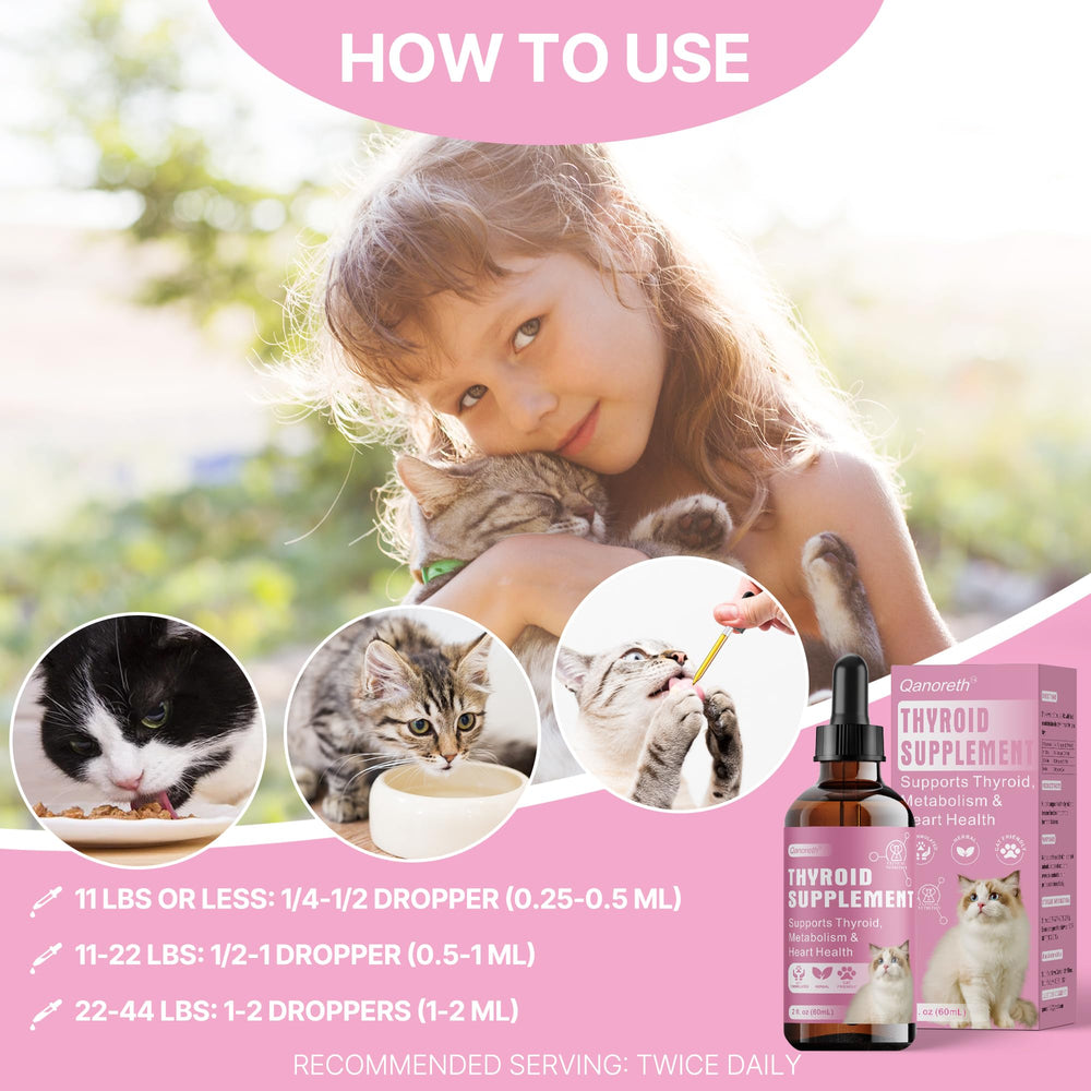 Qanoreth Thyroid Support for Cats packaging shows 2 fl oz size.
