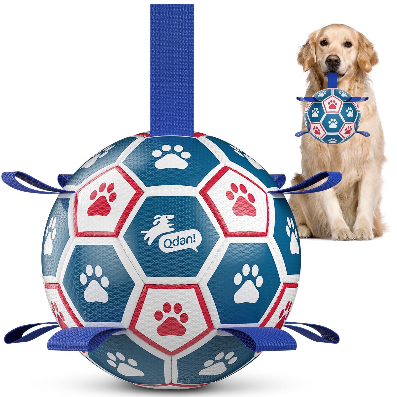 QDAN large dog toy soccer ball with straps for fetch and tug play outdoors