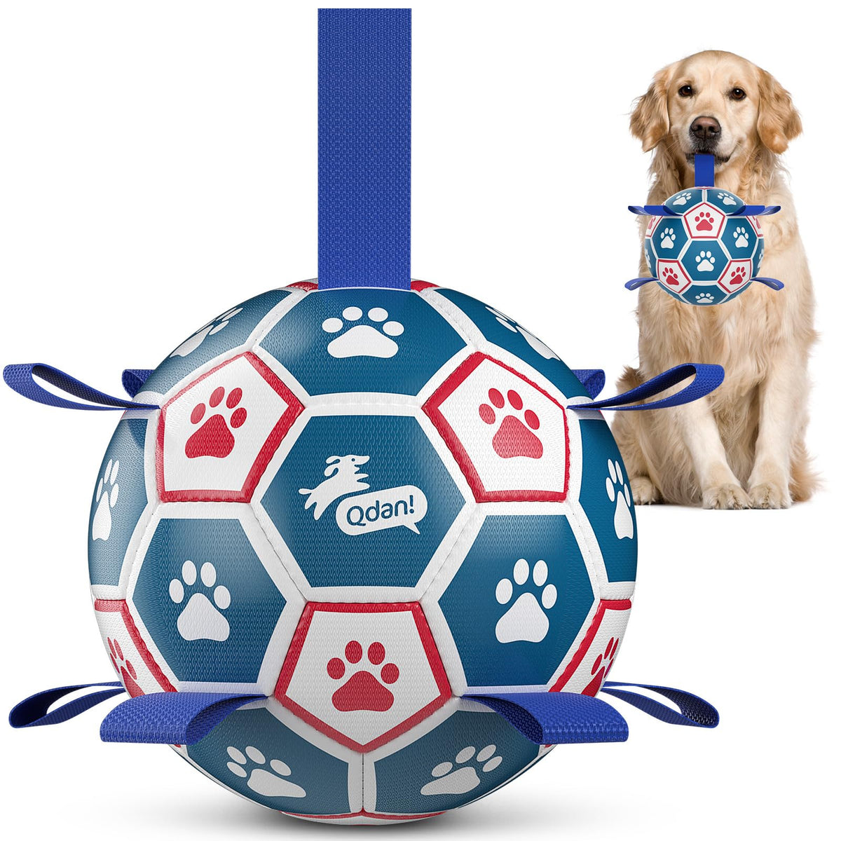 QDAN large dog toy soccer ball with straps for fetch and tug play outdoors