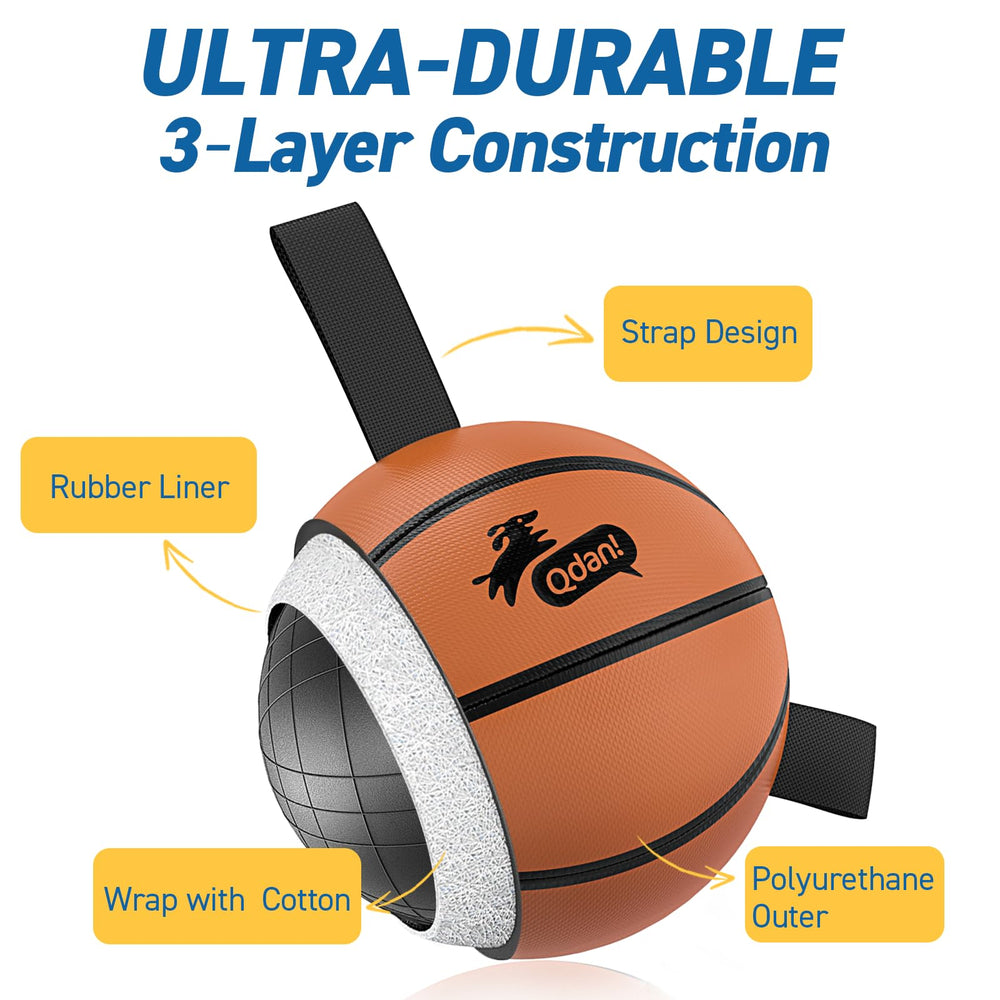QDAN dog ball basketball toy fits small and medium dogs at 6 inches.