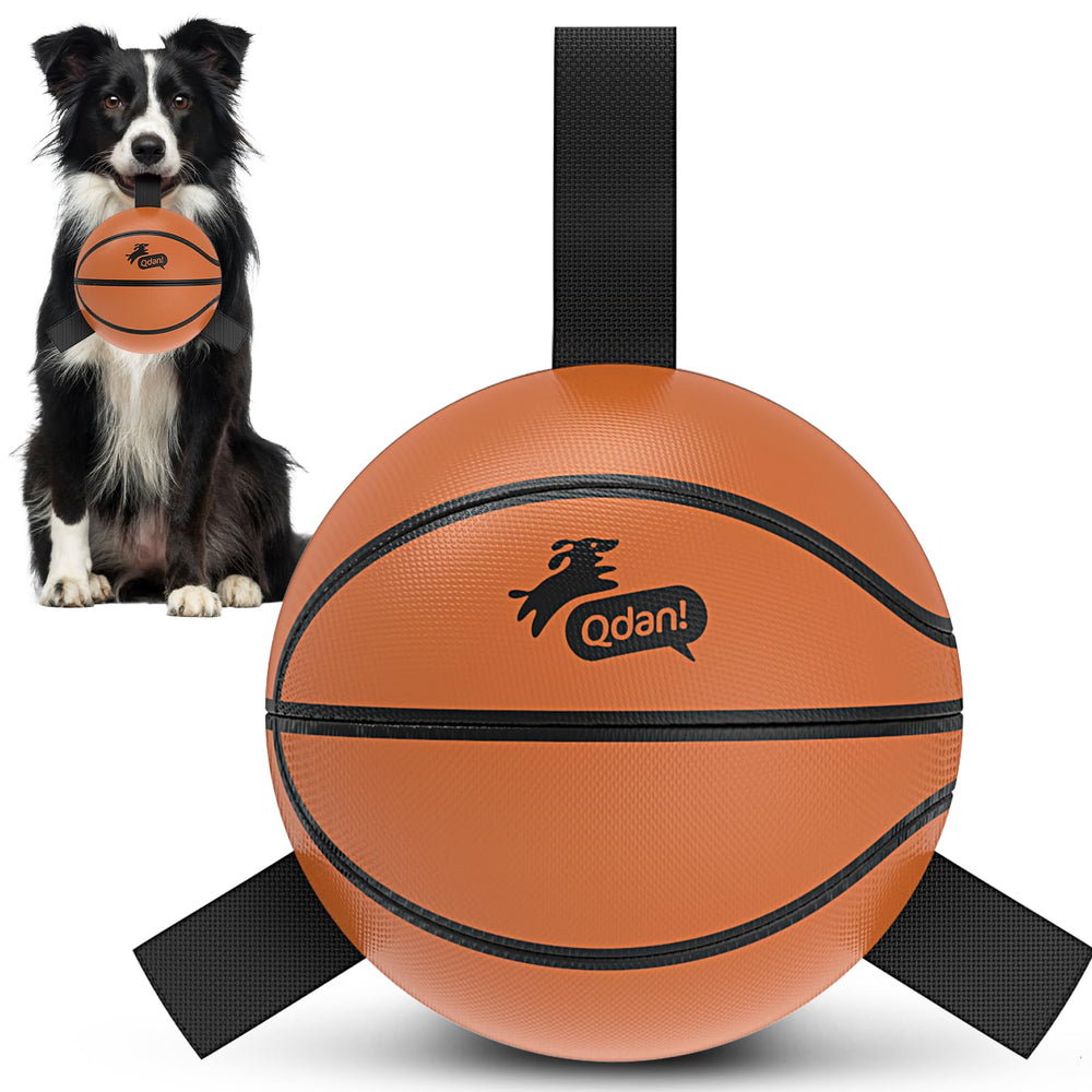 QDAN dog ball basketball toy with straps for easy pickup and unpredictable bounce.