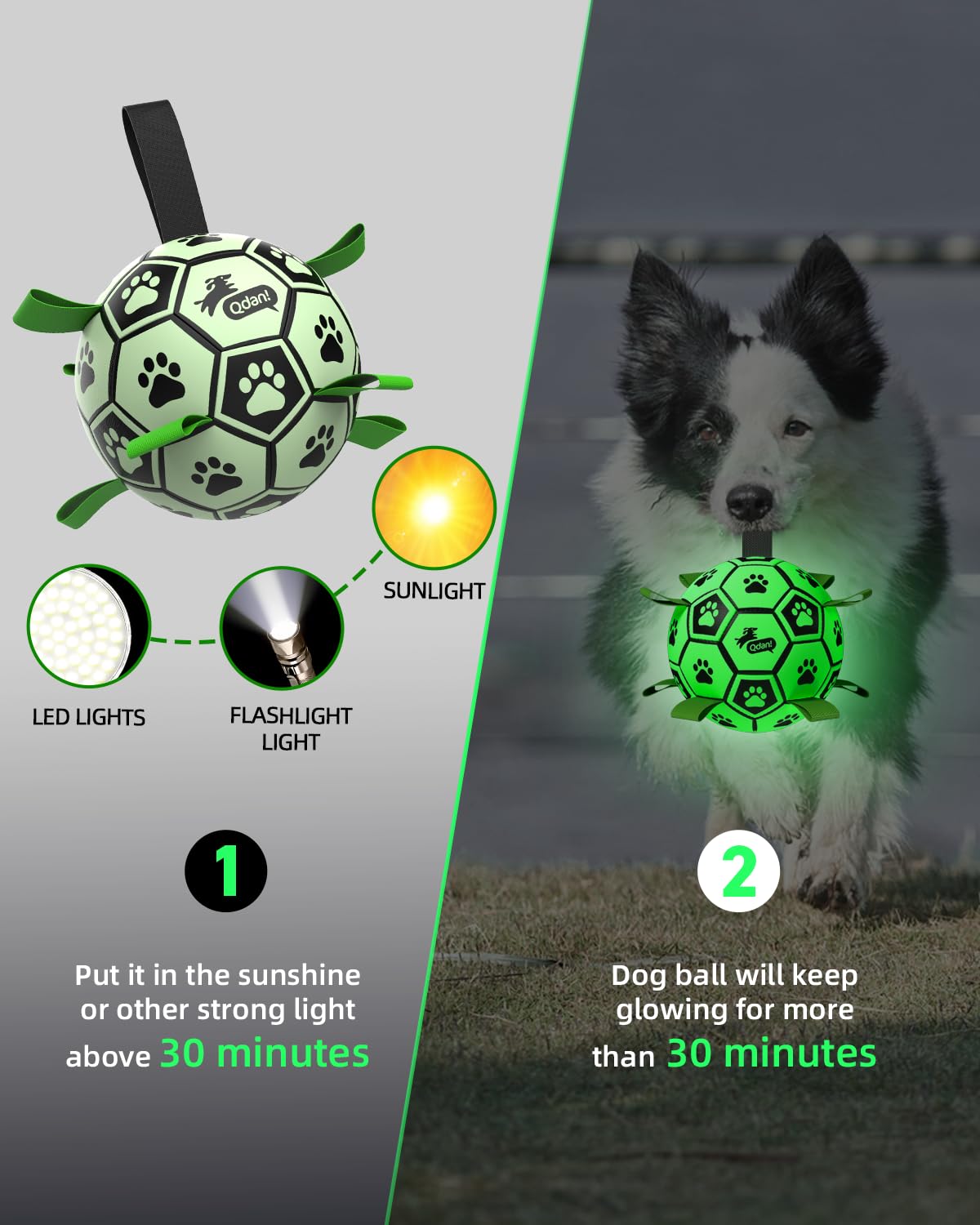 QDAN dog ball with neon glow for easy fetch in dim light.
