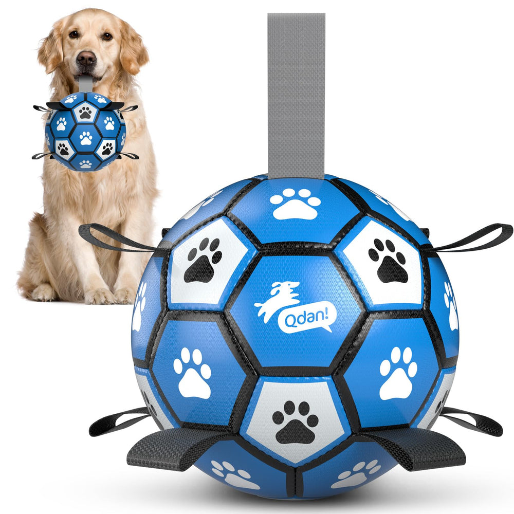 QDAN dog soccer ball with straps for fetch and durable play.