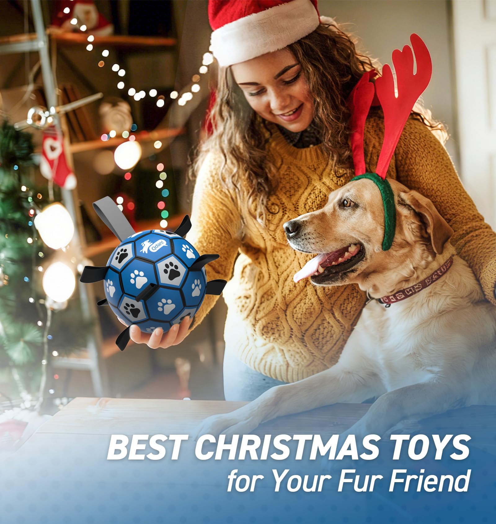QDAN dog ball toy with straps enhances fetch and returns.