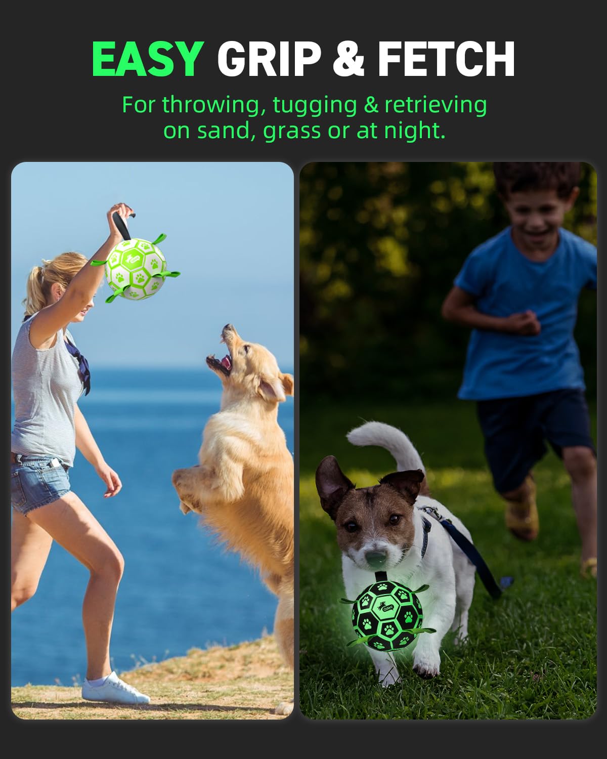 QDAN dog ball with nylon straps for easy fetch and grip.