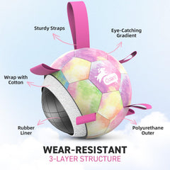 QDAN dog ball being tossed with long strap for easy fetch and tug