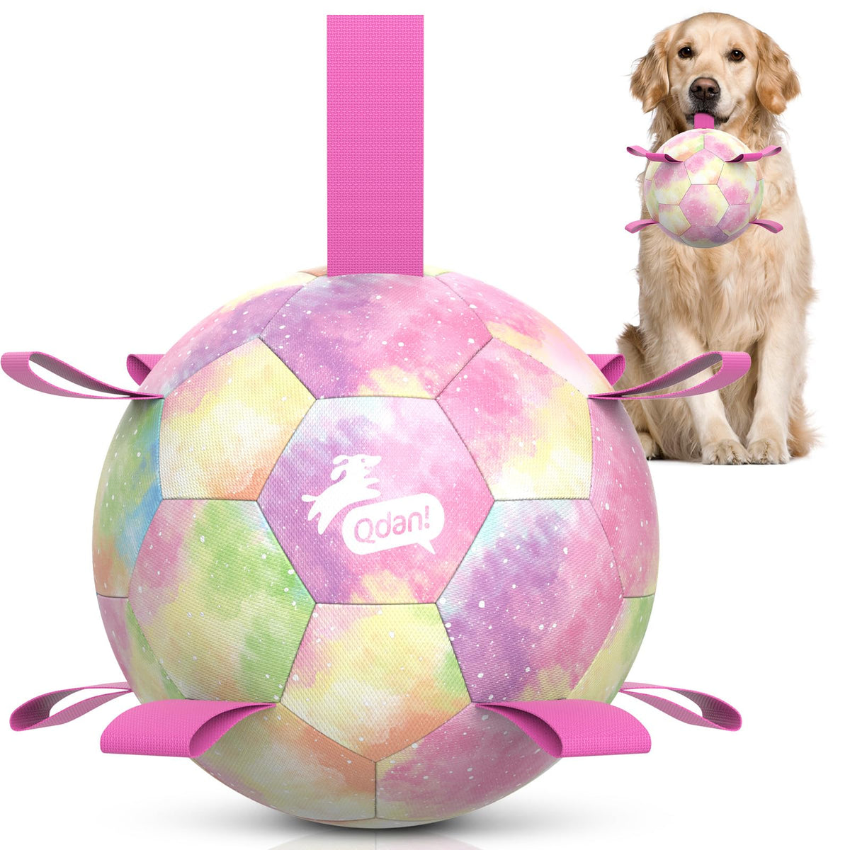 QDAN rainbow 8inch dog ball close-up showing durable PU for safe play