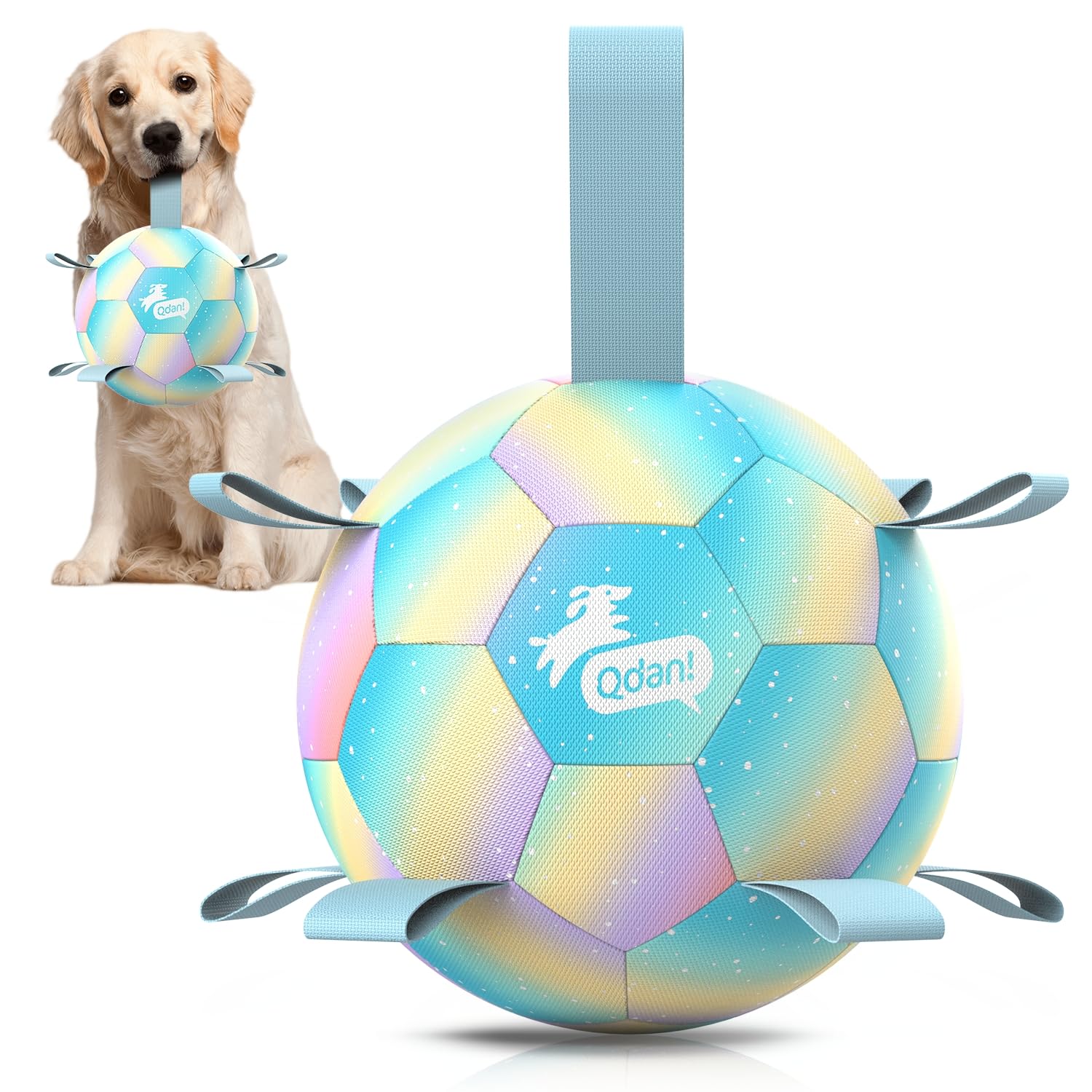 QDAN dog balls: gradient blue soccer ball with straps for interactive fetch