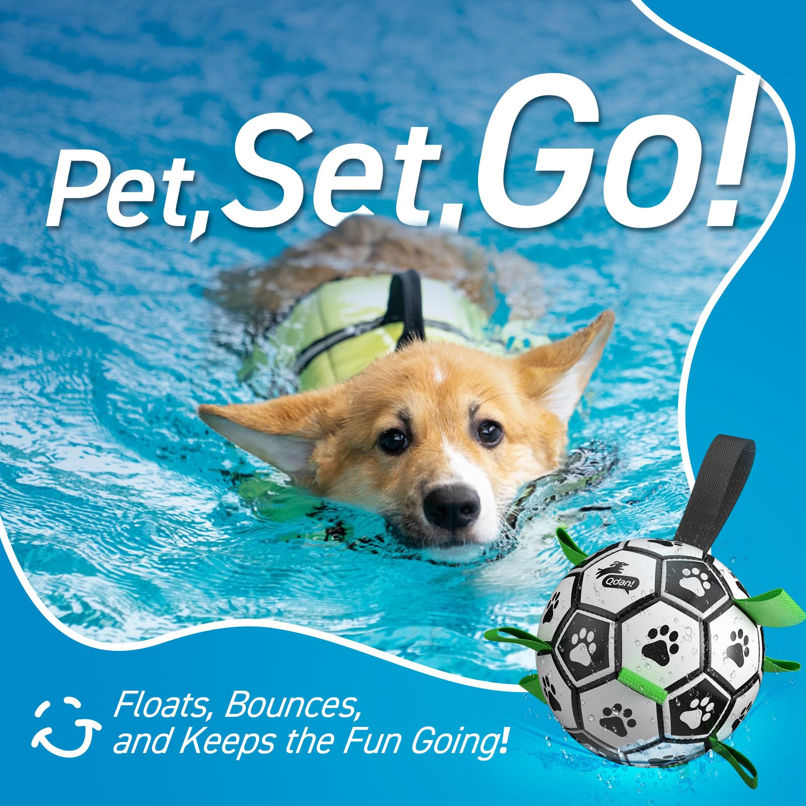 QDAN ball with nylon tabs supports easy fetch and tug.