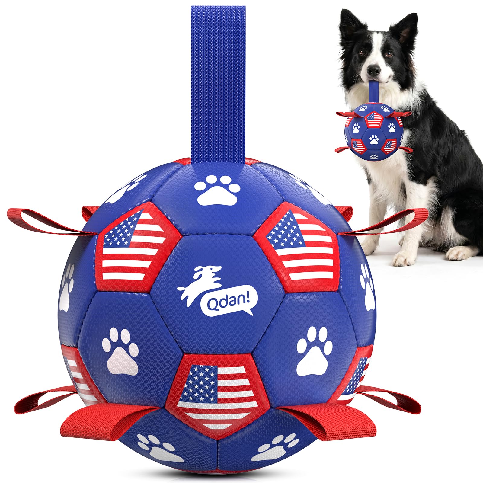 QDAN dog soccer ball with straps is ready for fetch and water play.