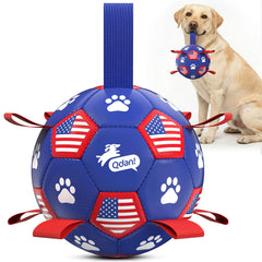 QDAN dog soccer ball with straps 8 inch for fetch and retrieval outdoors.