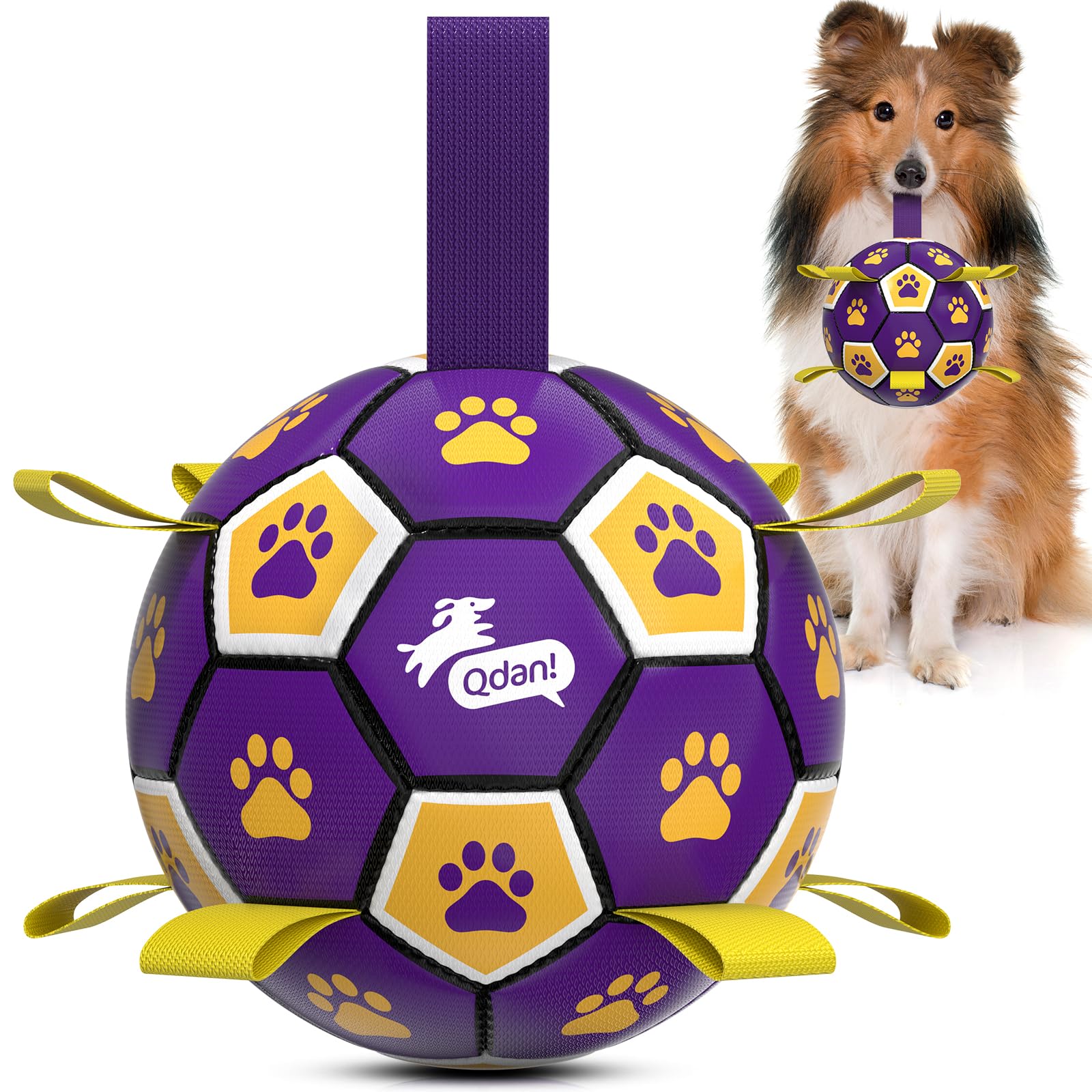 QDAN dog soccer ball with grab straps for fetch and tug play.