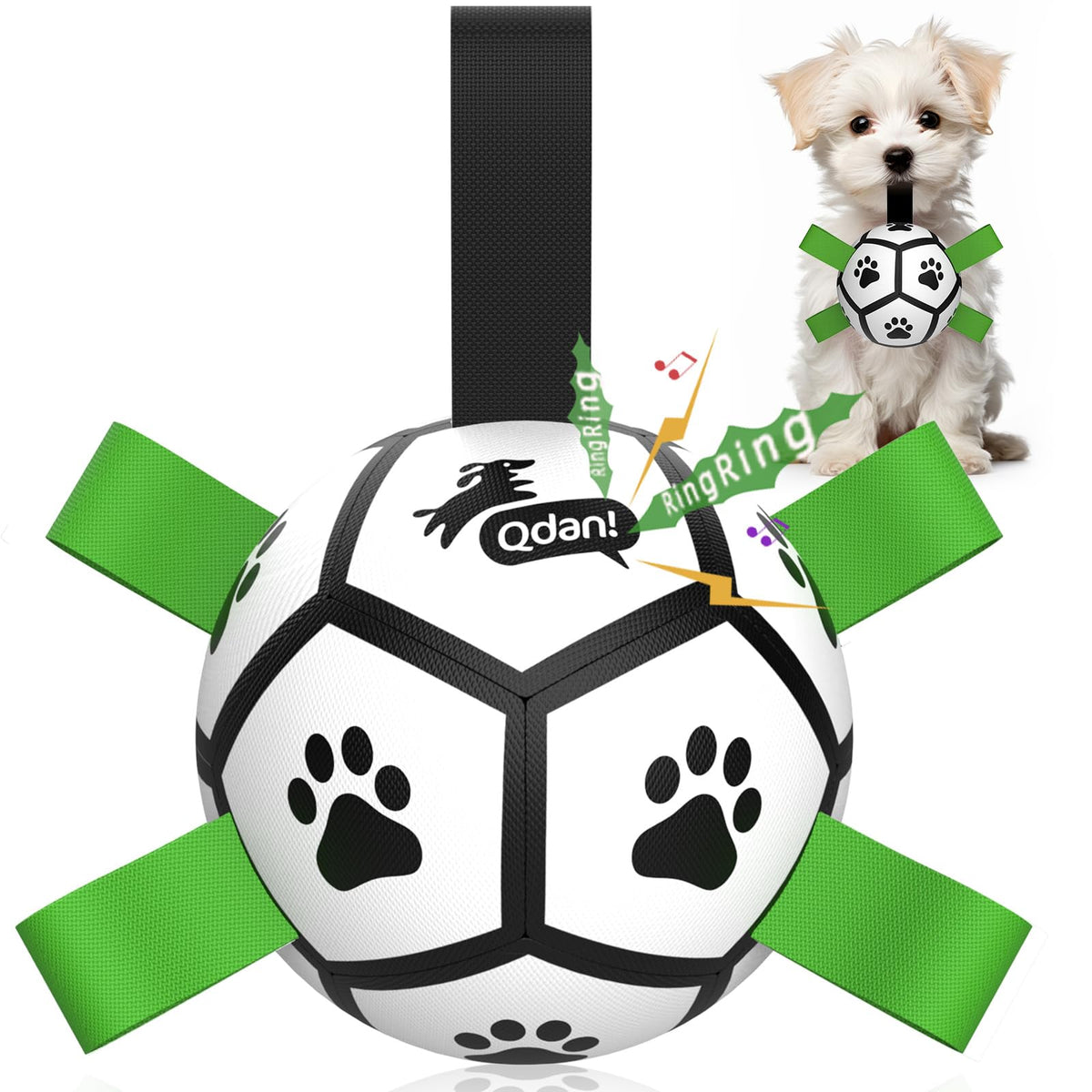 QDAN 5-inch soccer ball toy with bell inside for interactive small-dog play.