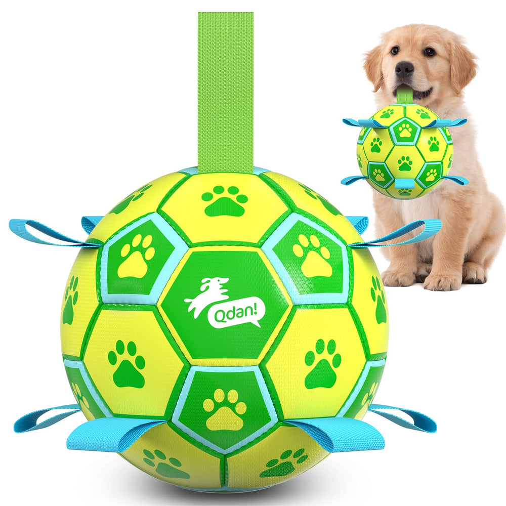 QDAN dog soccer ball in green-yellow for outdoor fetch.