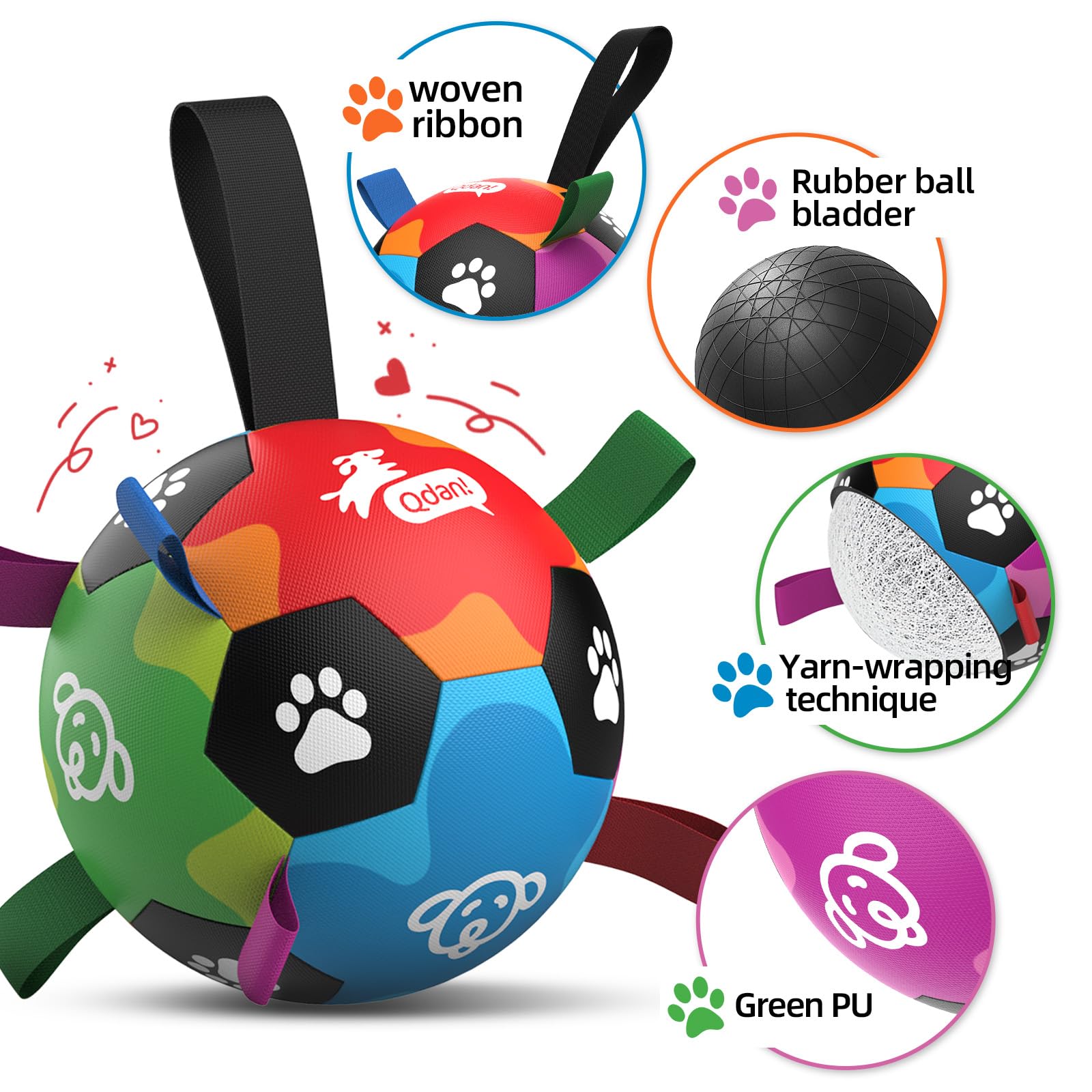 QDAN ball features nine nylon straps for versatile tug and pull play.