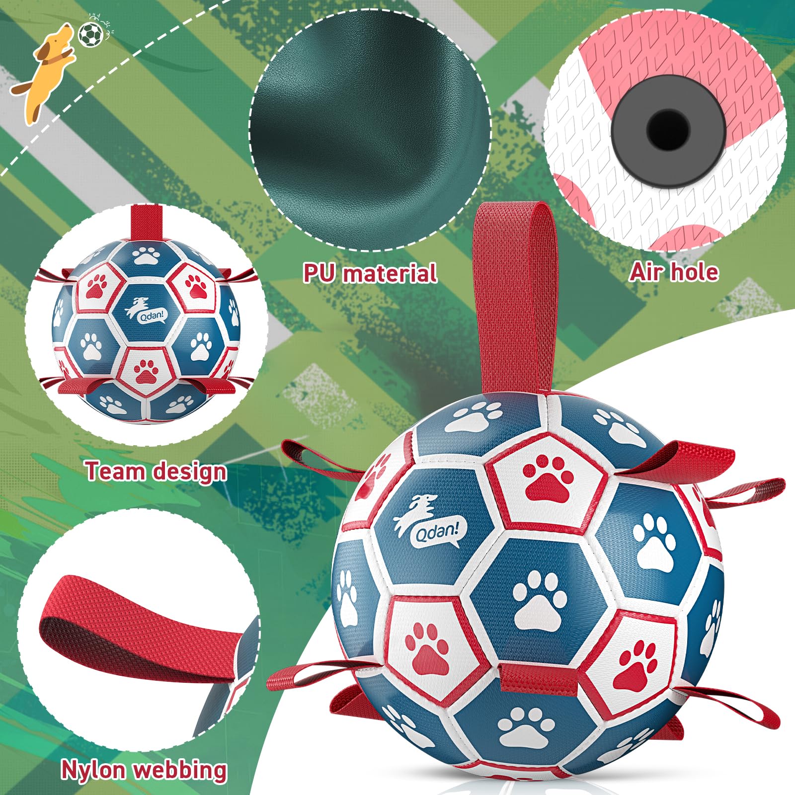 QDAN dog soccer ball deflated with pump and needle adapter included.