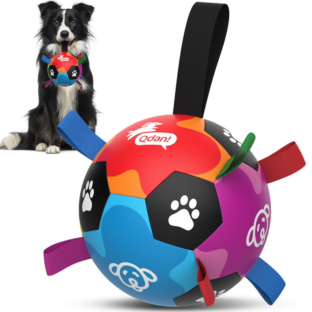 QDAN dog toys soccer ball with straps 6-inch, easy-grip for interactive play.