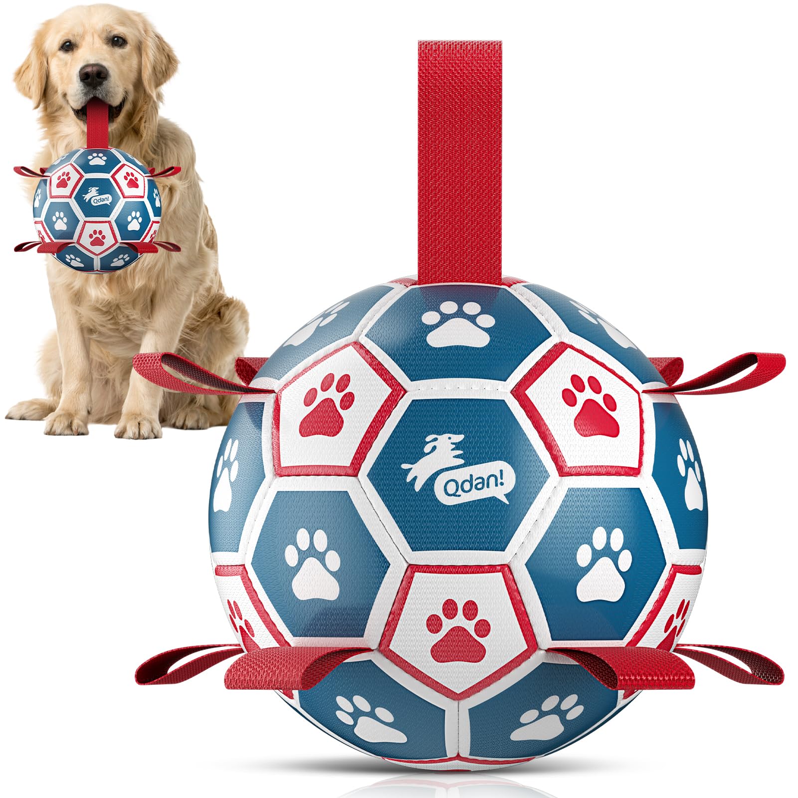 QDAN dog soccer ball with straps 8-inch ready for outdoor play and fetch.