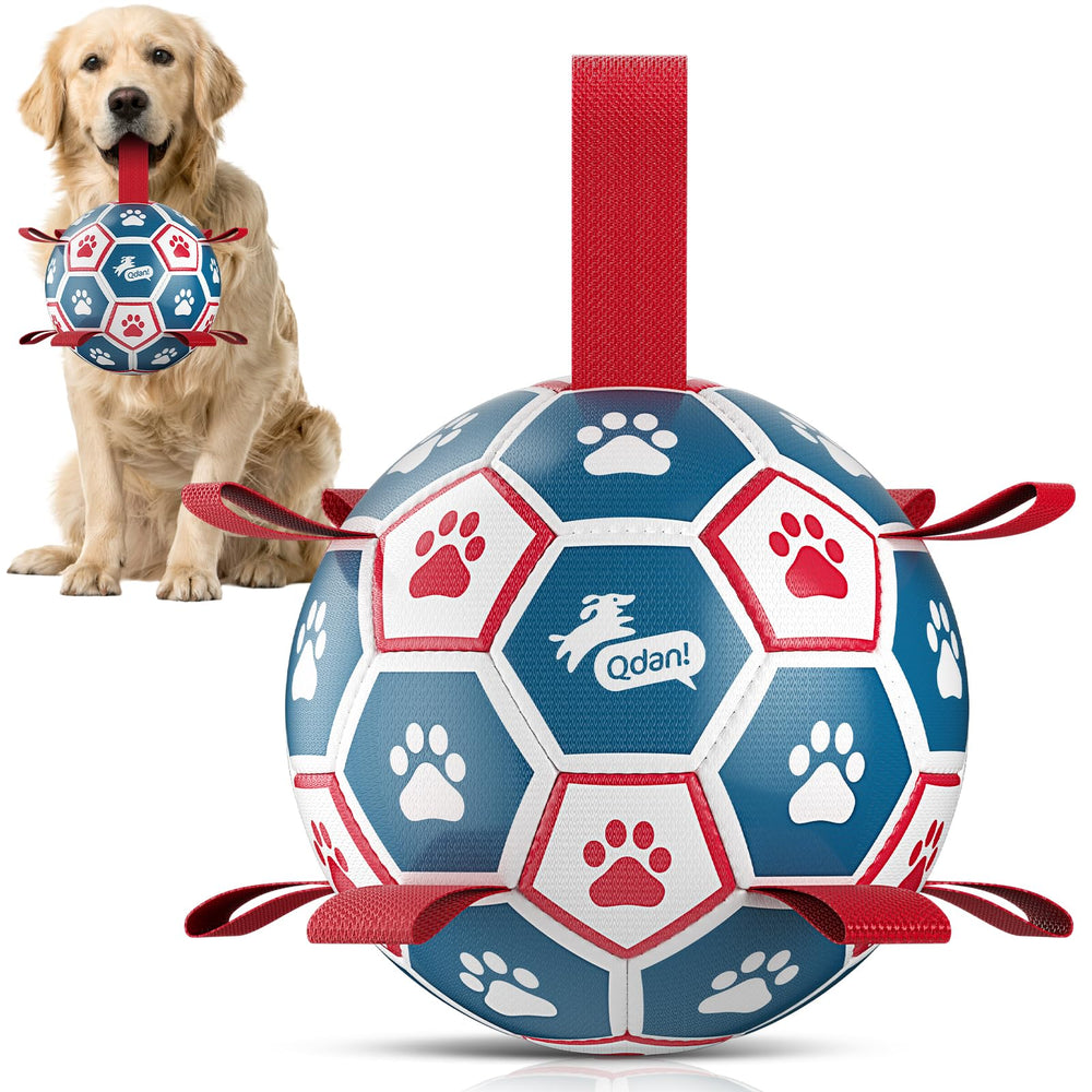 QDAN dog soccer ball with straps 8-inch ready for outdoor play and fetch.