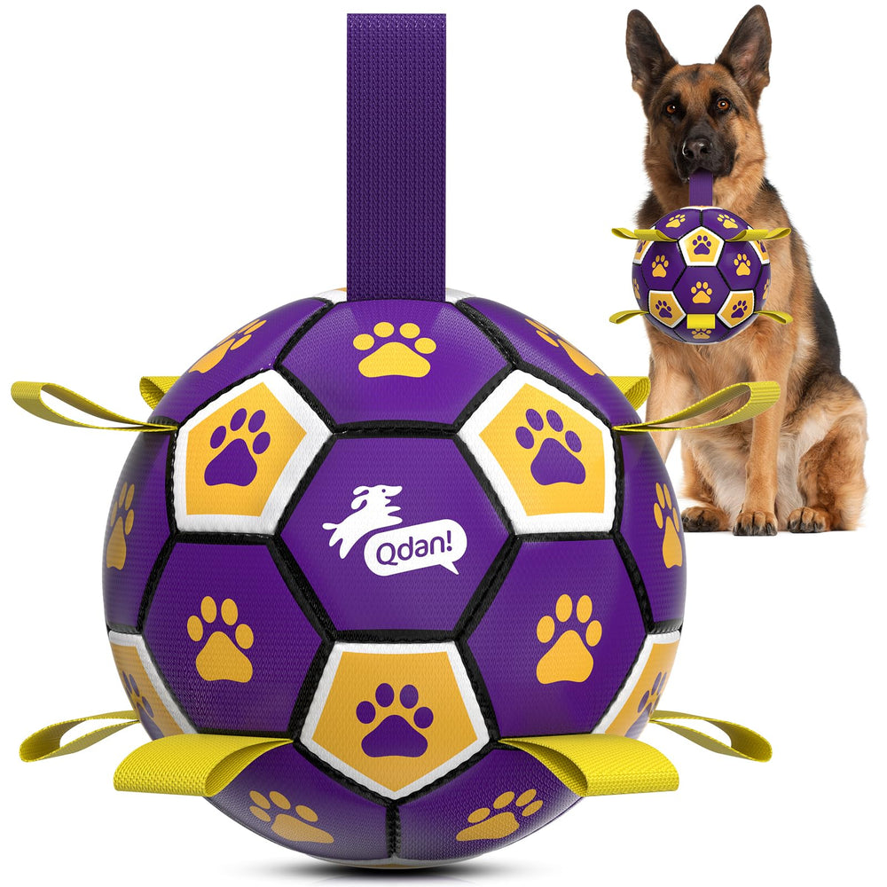 QDAN extra-large dog soccer ball with straps for rugged indoor-outdoor play.