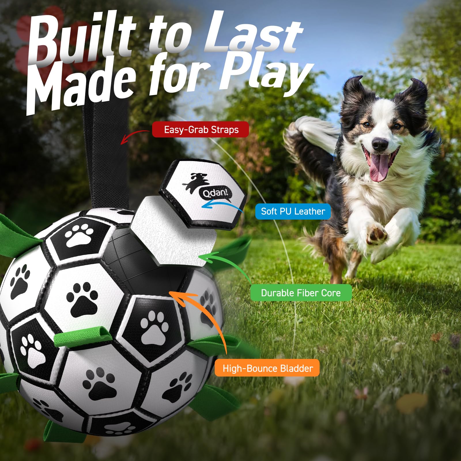QDAN interactive ball with 9 nylon tabs for erratic bounce.