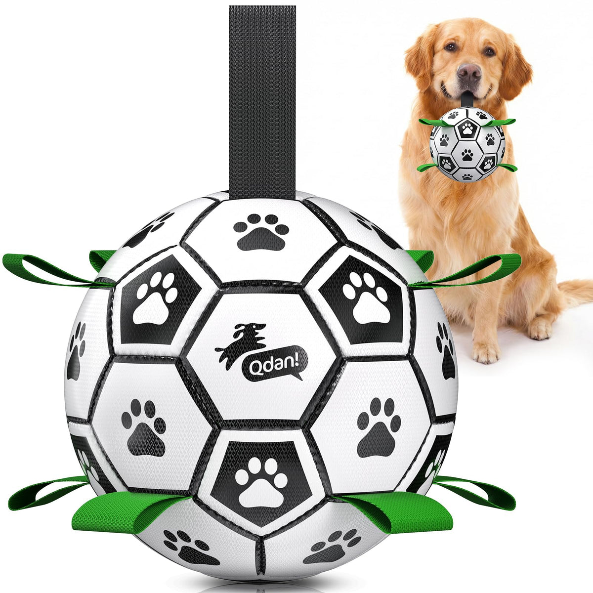 QDAN large dog toy soccer ball with straps ready for tug and fetch.