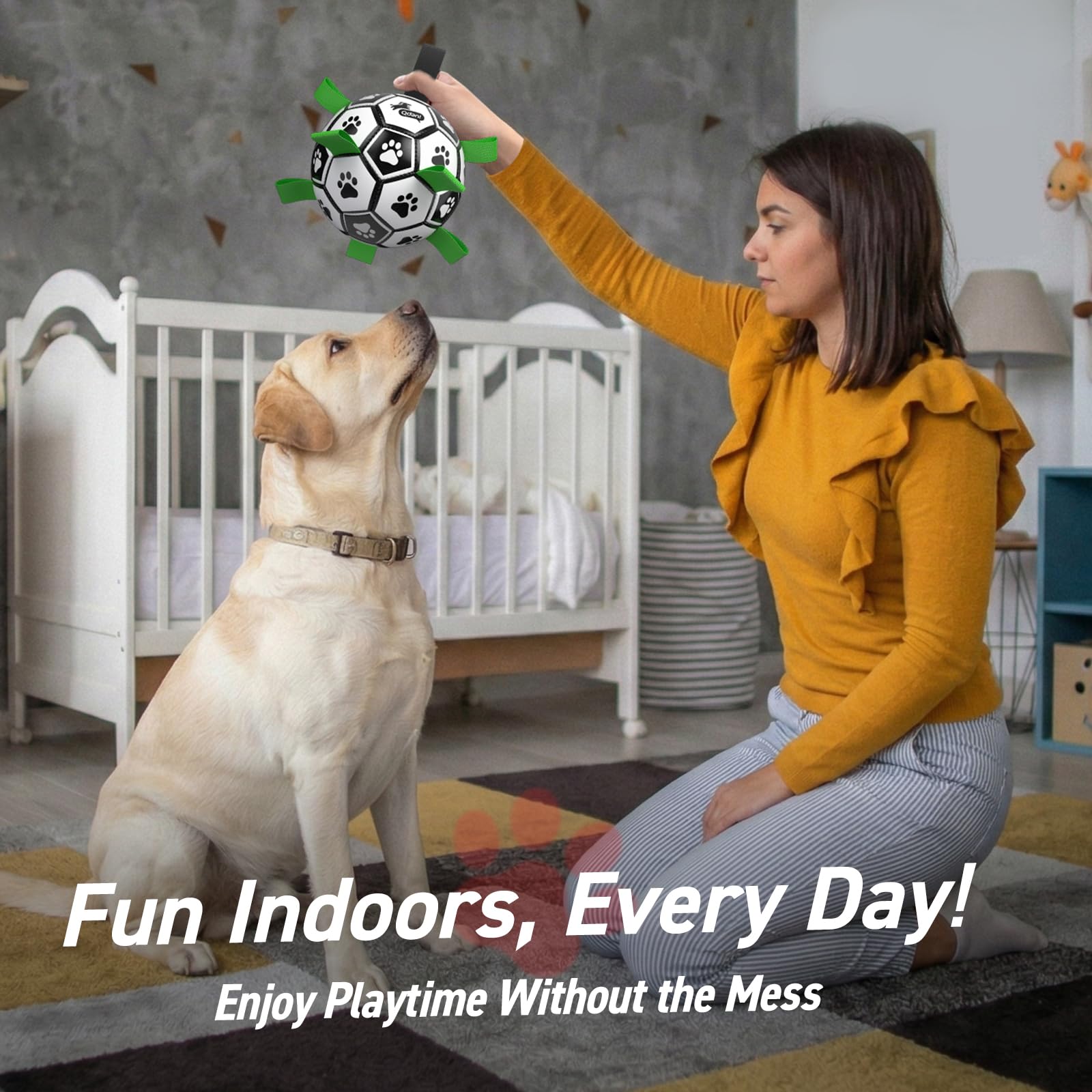 QDAN paw-print design on ball attracts dogs’ attention during play.