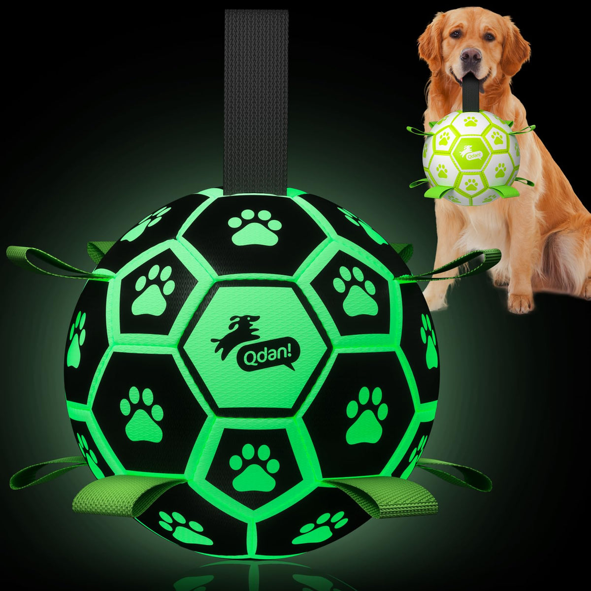 QDAN glow-in-the-dark dog ball for night fetch and visibility.