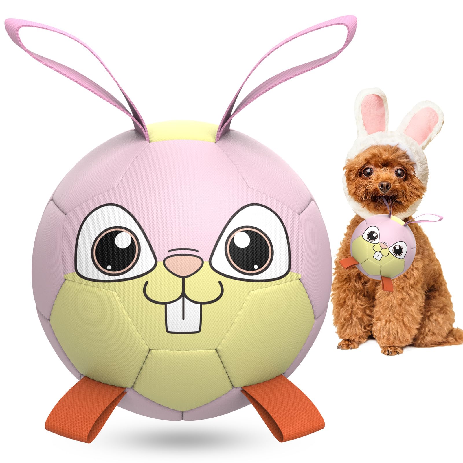 QDAN Rabbit Dog Toys soccer ball with straps for easy fetch and interactive play.