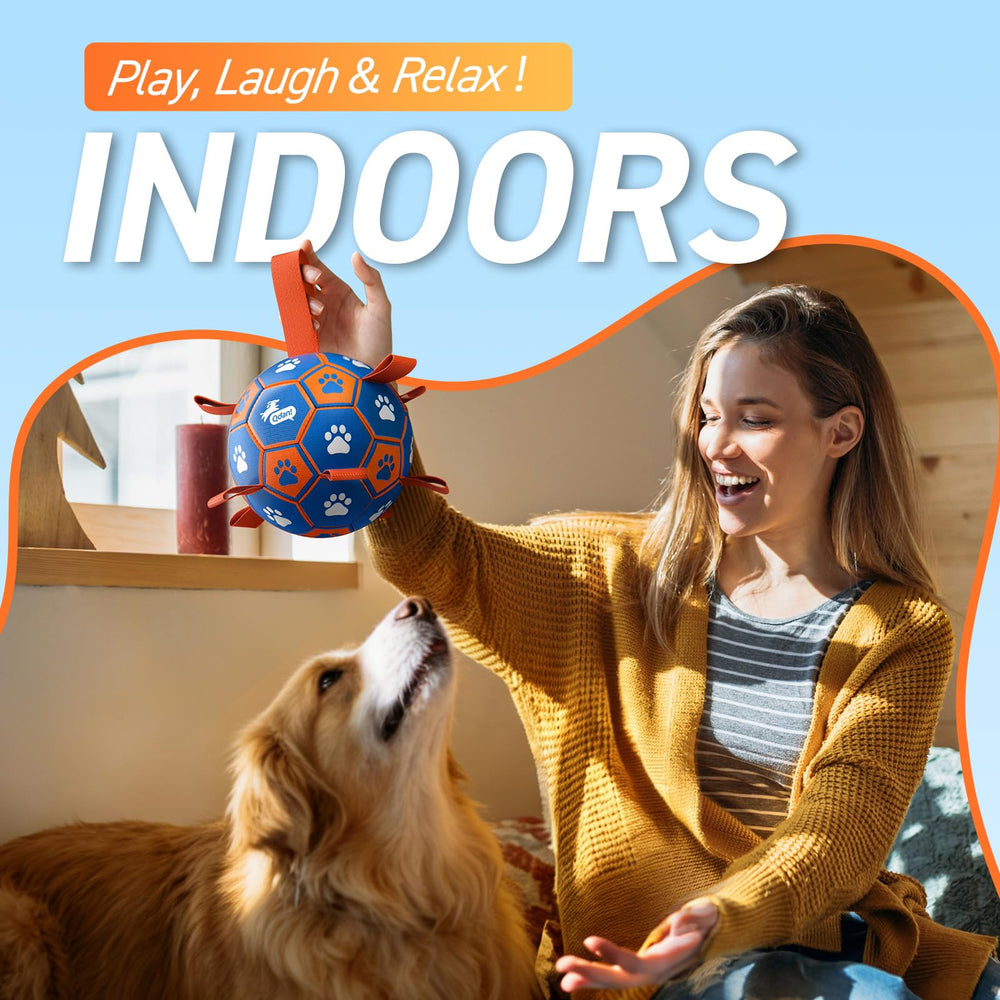 QDAN rope-toy soccer ball grab straps enable versatile training and fetch.