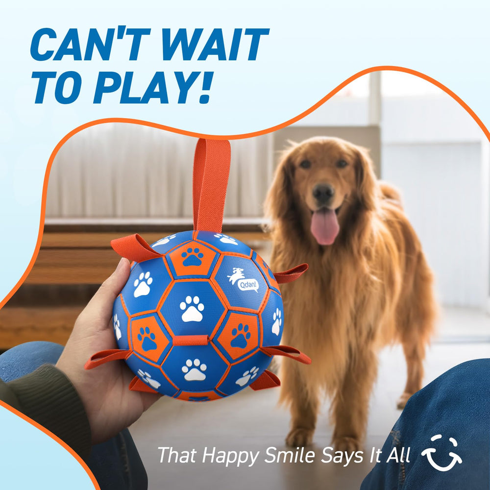 QDAN rope-toy soccer ball in use during a game of fetch and tug.