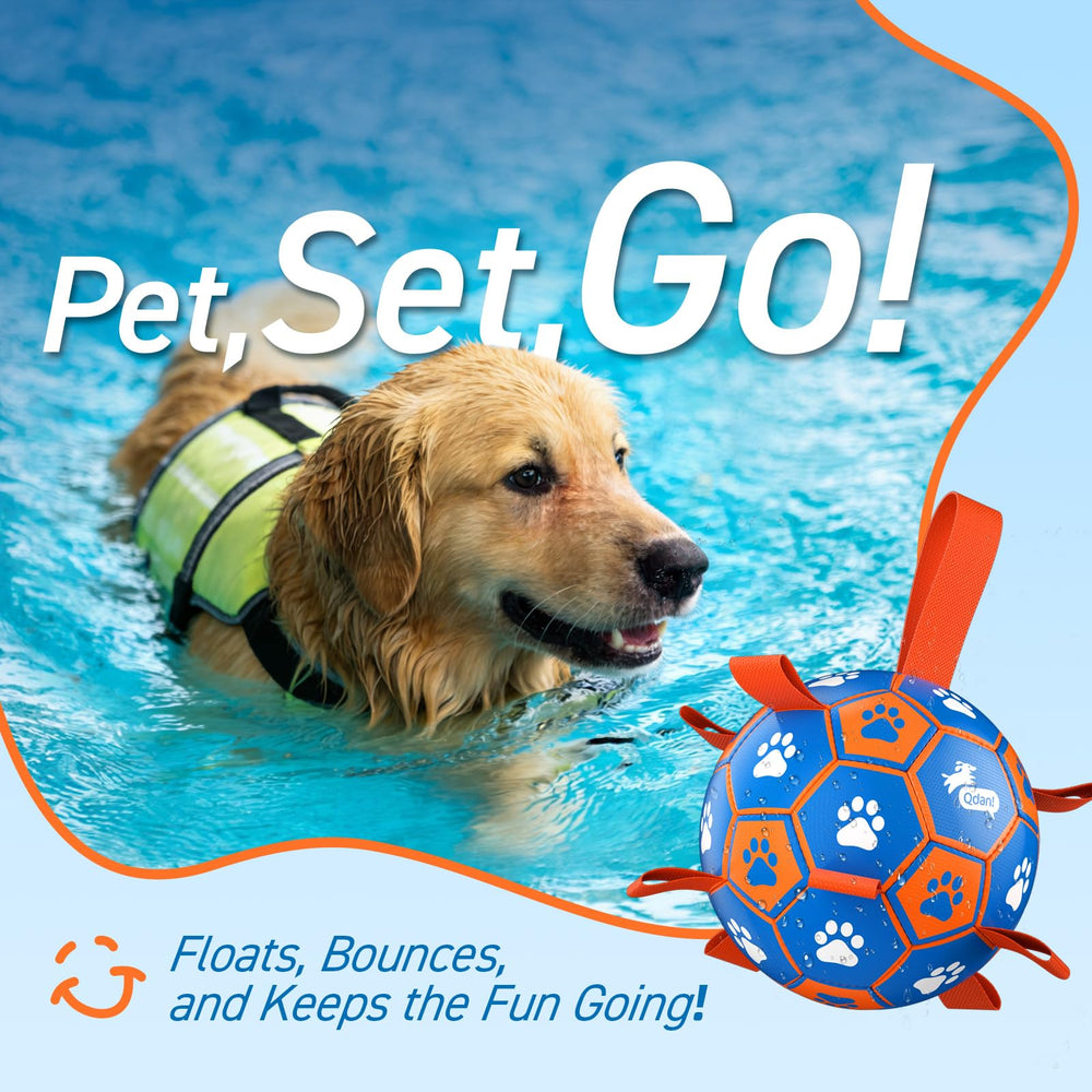 QDAN rope-toy soccer ball side view in blue-orange, durable play for medium and large dogs.