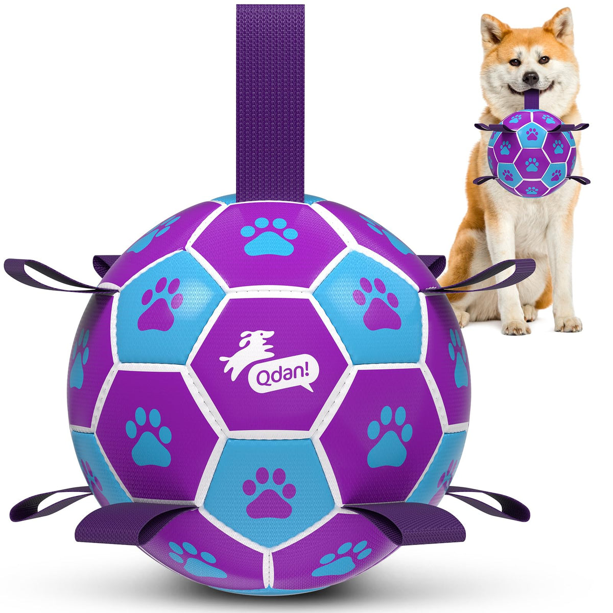 QDAN dog soccer ball with straps for interactive fetch and tug play