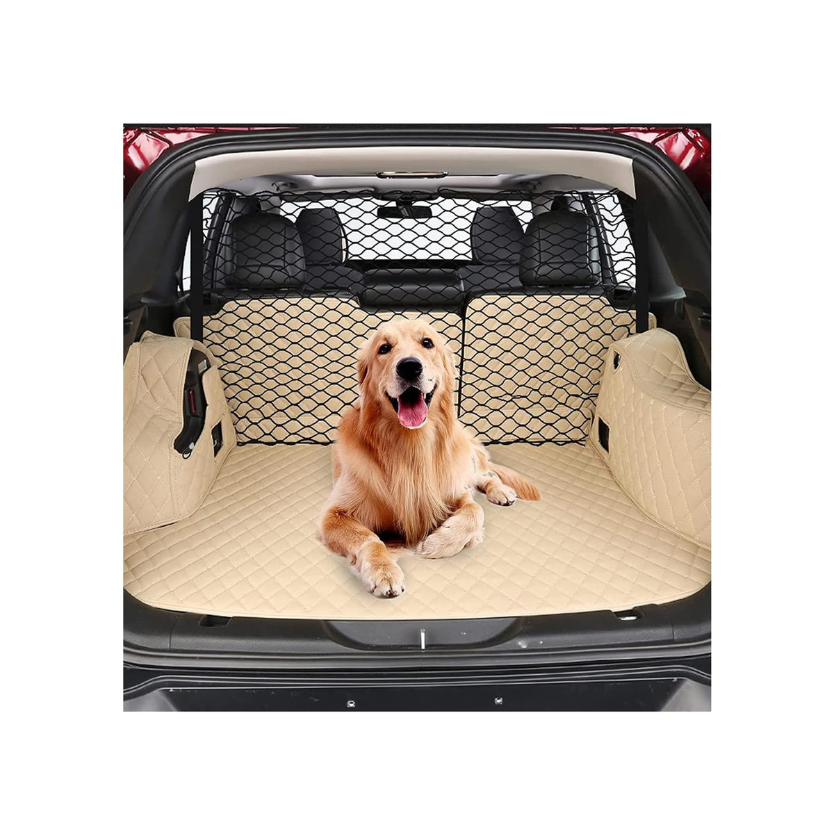 Q-DDOIT dog barrier overview shows wide backseat divider for secure pets during car travel.