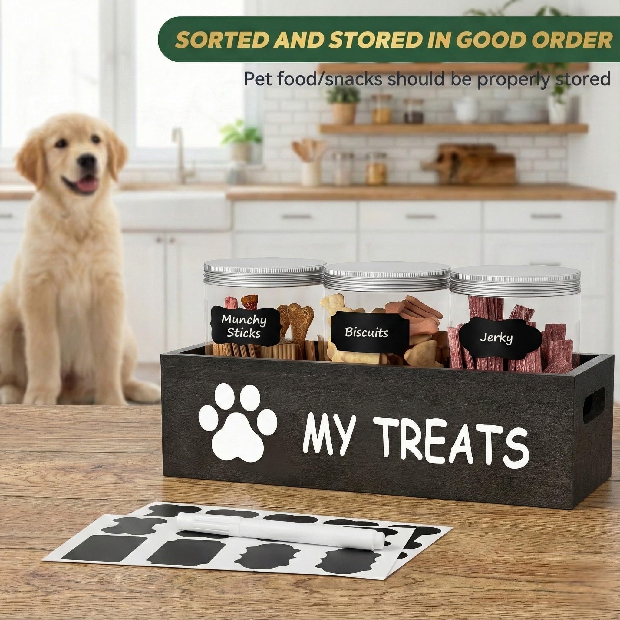 Qeerable clear dog treat canisters provide quick visibility for snack selection.