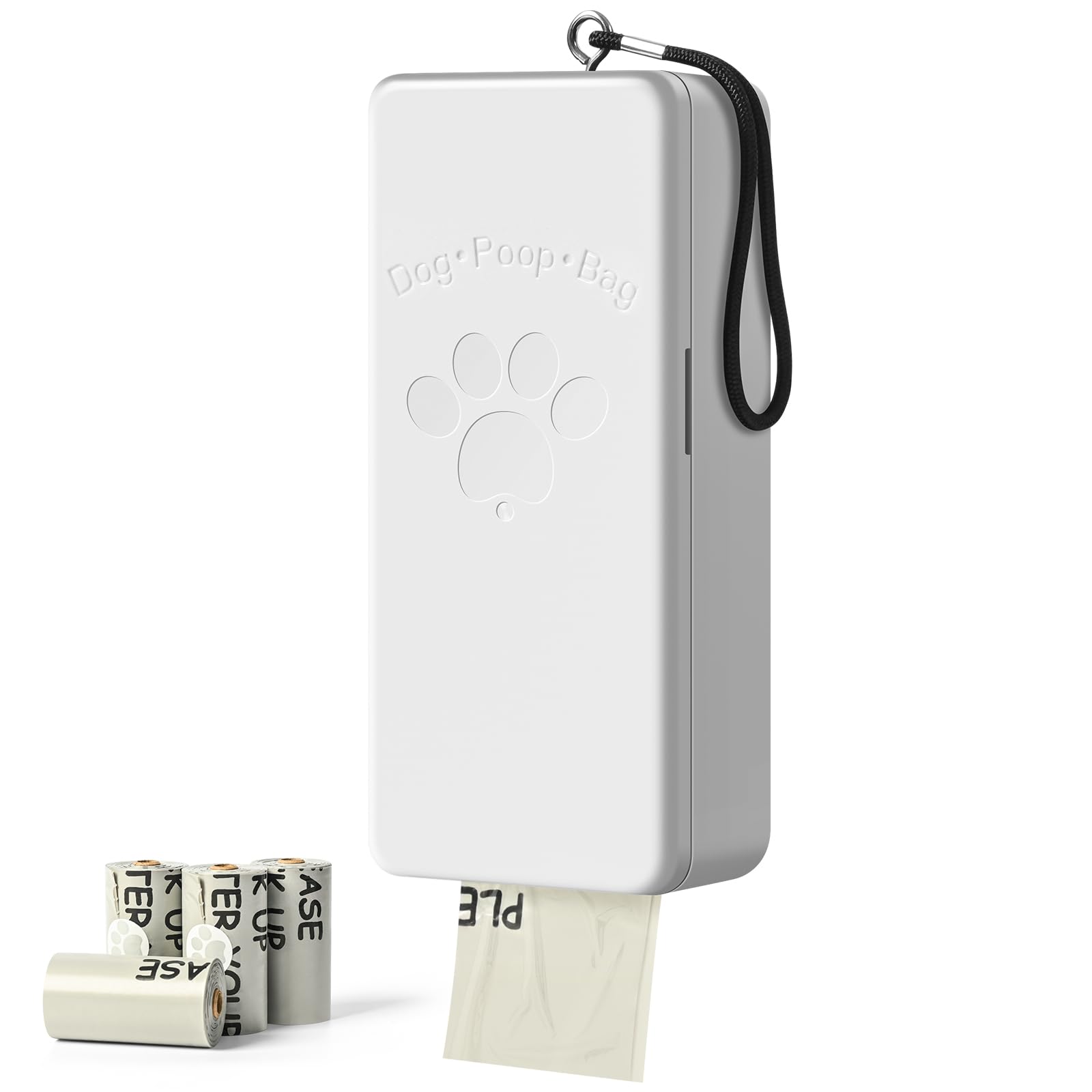 Qeerable dog poop bag dispenser with magnetic lid for easy one-handed use.