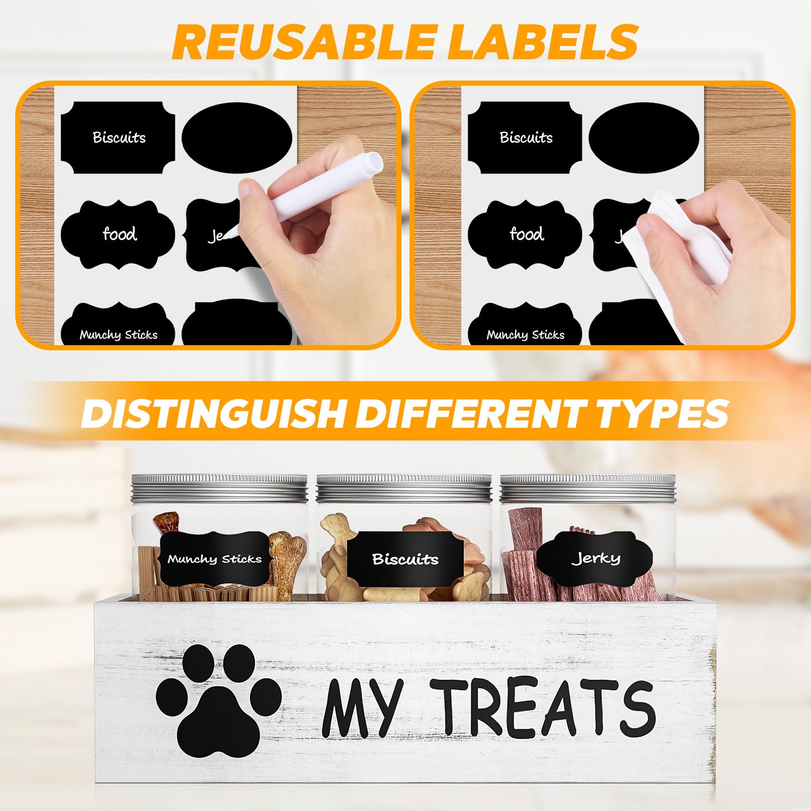 Qeerable label stickers organize dog foods.