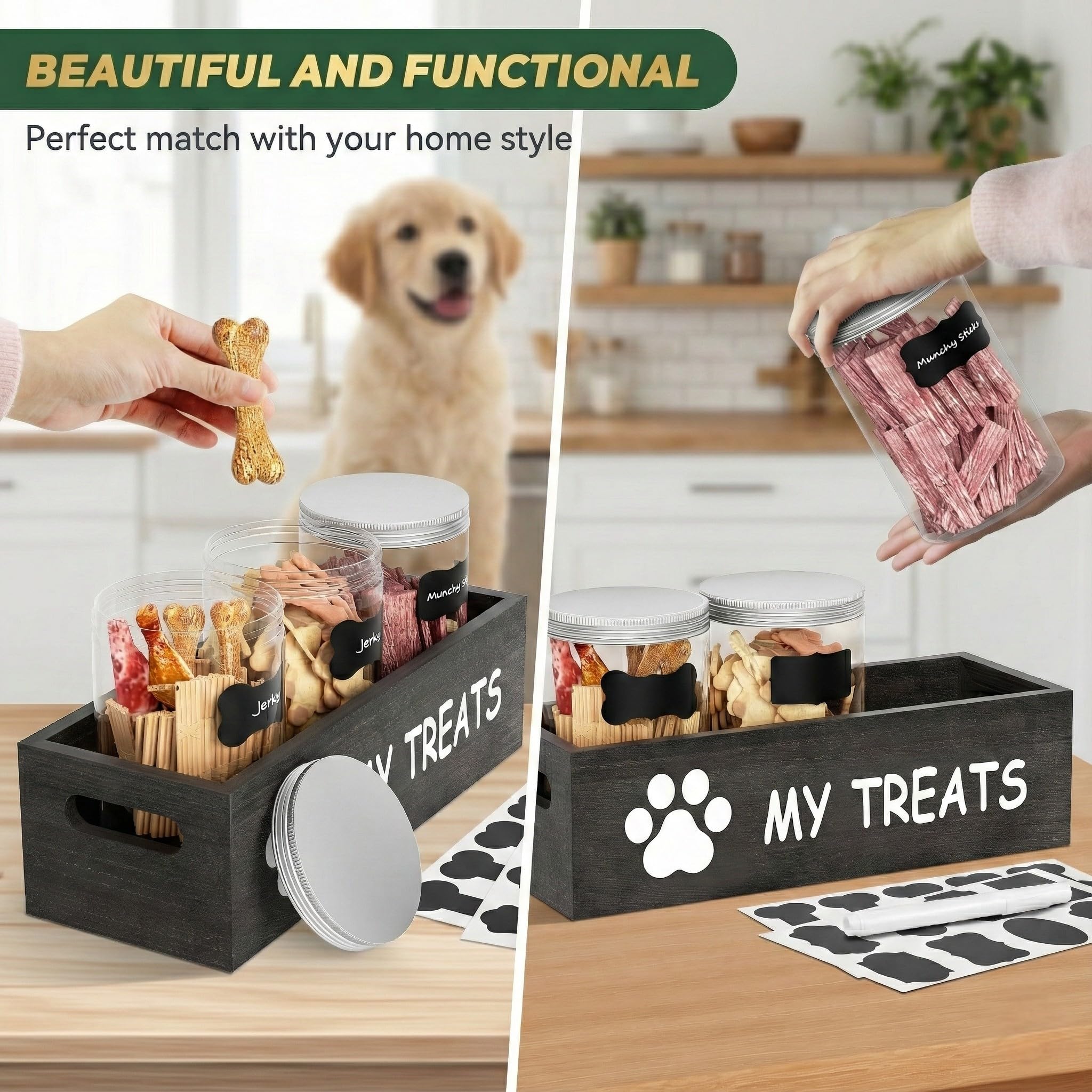 Qeerable multi-use storage canisters hold human snacks or pet treats.
