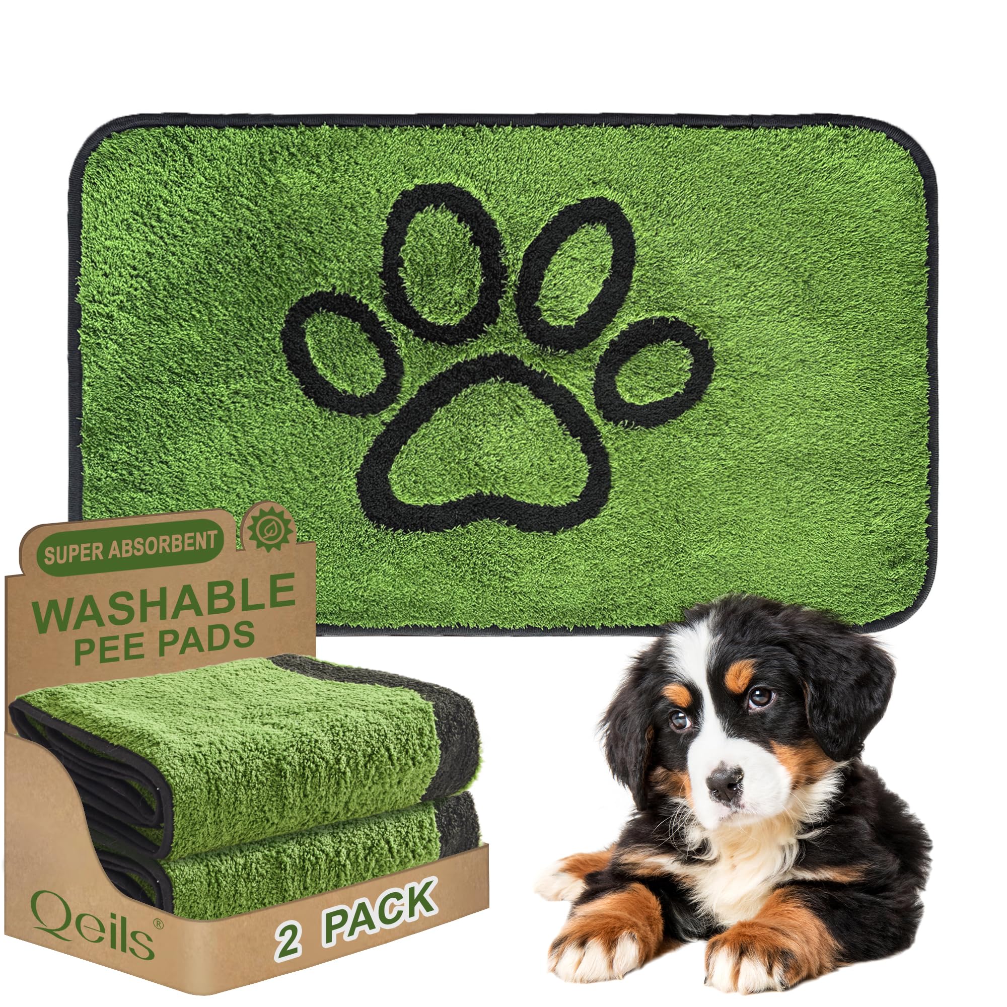 Qeils reusable dog pee pad 2-pack on crate with leakproof protection