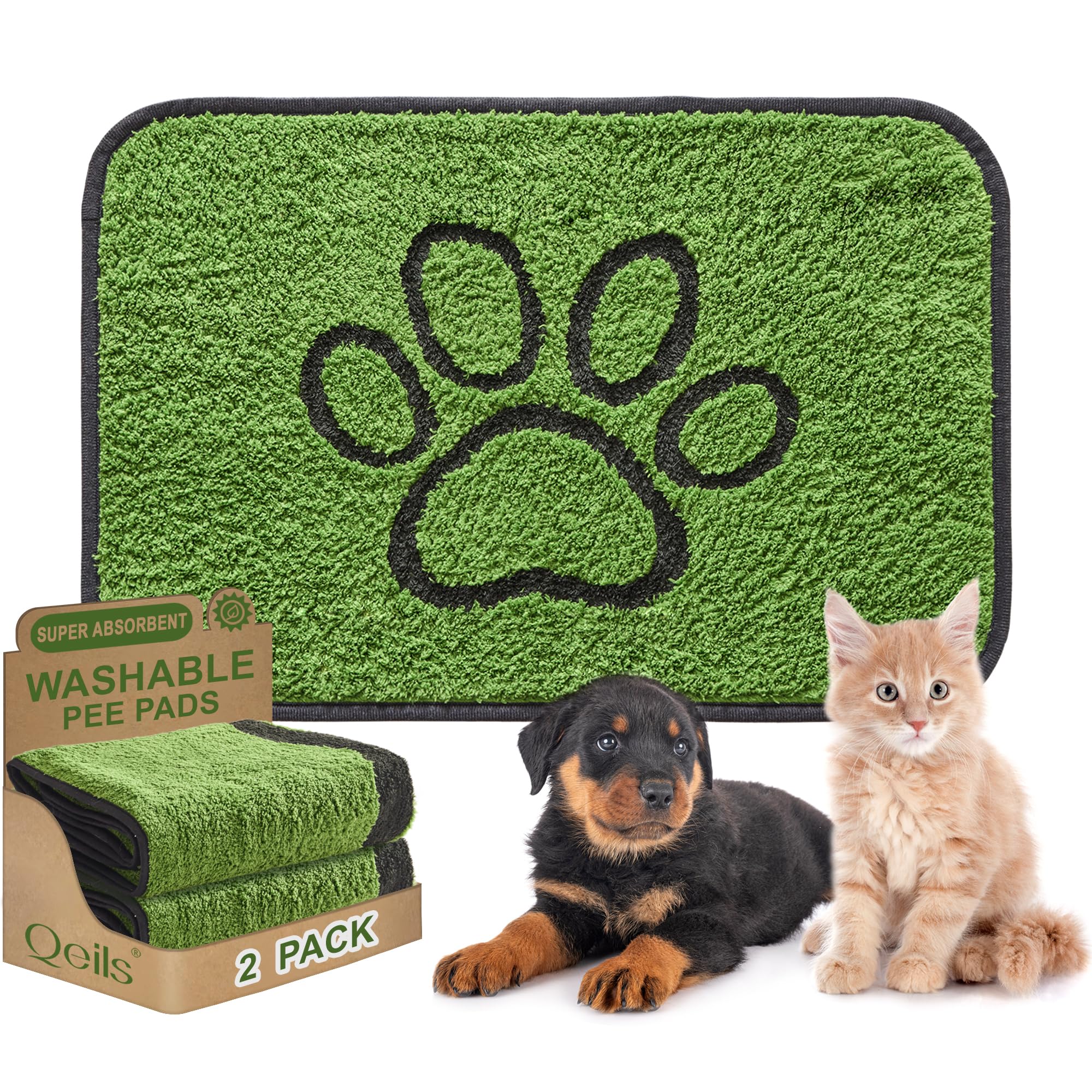 Qeils reusable dog pee pad with green top for quick absorption and flooring protection.
