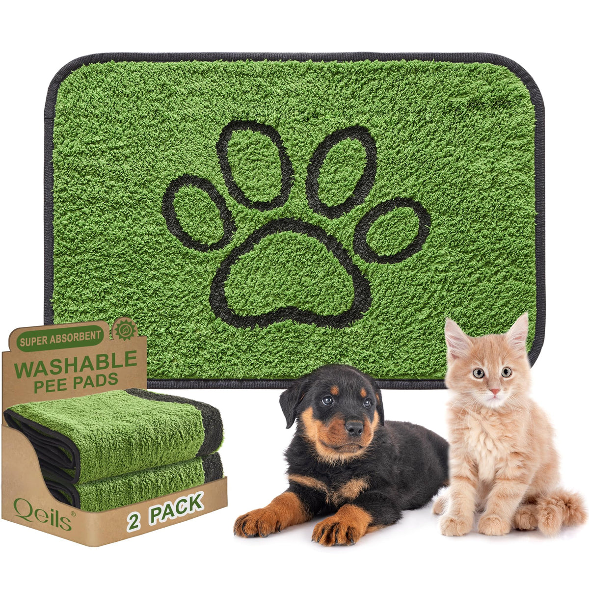 Qeils reusable dog pee pad with green top for quick absorption and flooring protection.