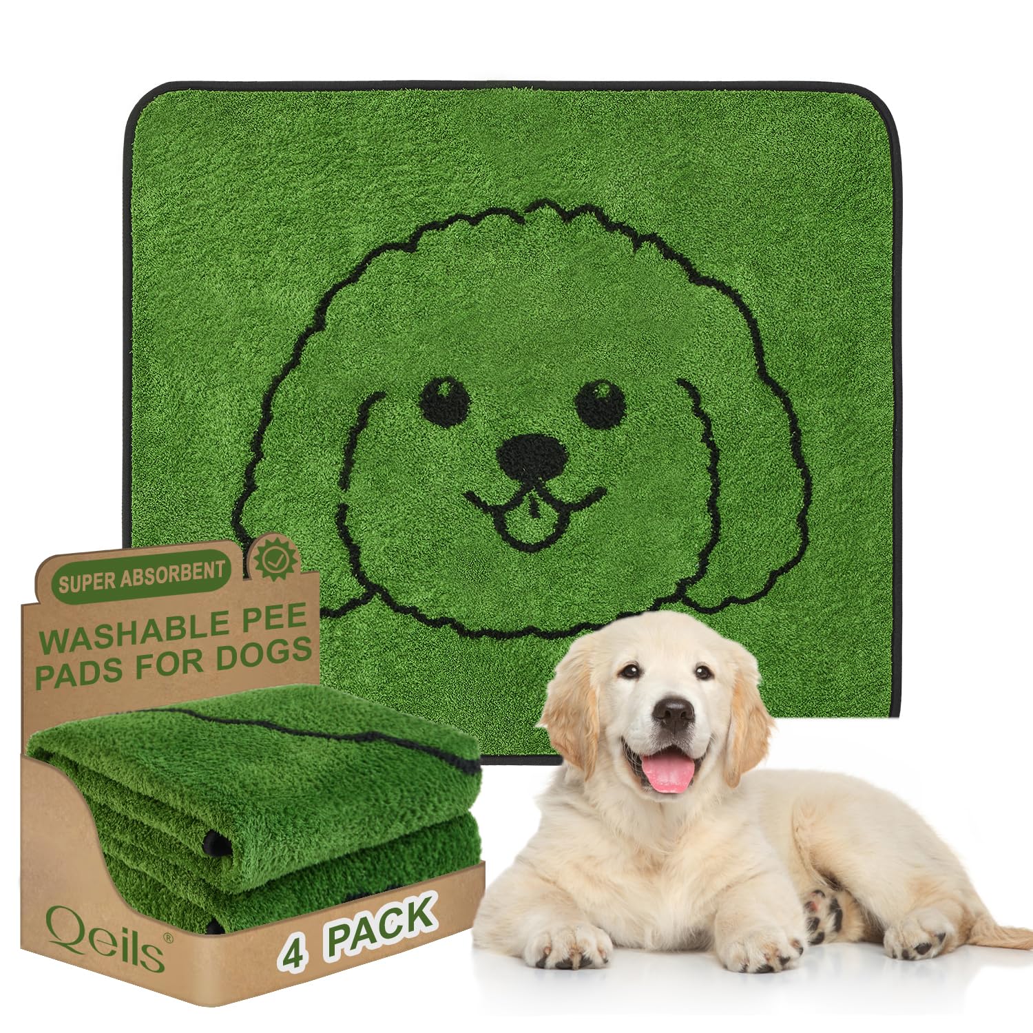 Qeils reusable puppy pads with curly-dog-pattern provide stress-free potty training.