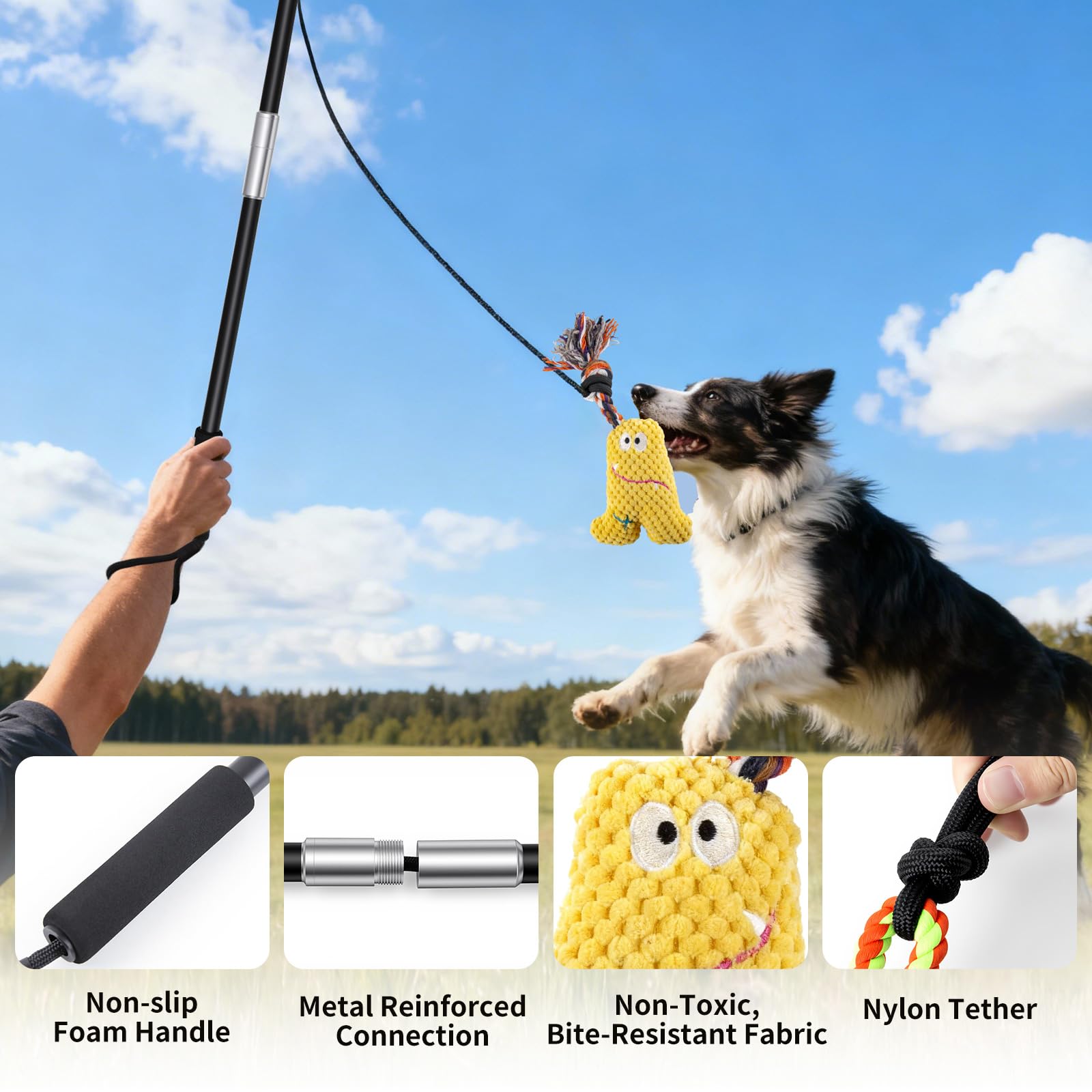 Qeoval Flirt Pole with nylon tether for stable high-energy chasing