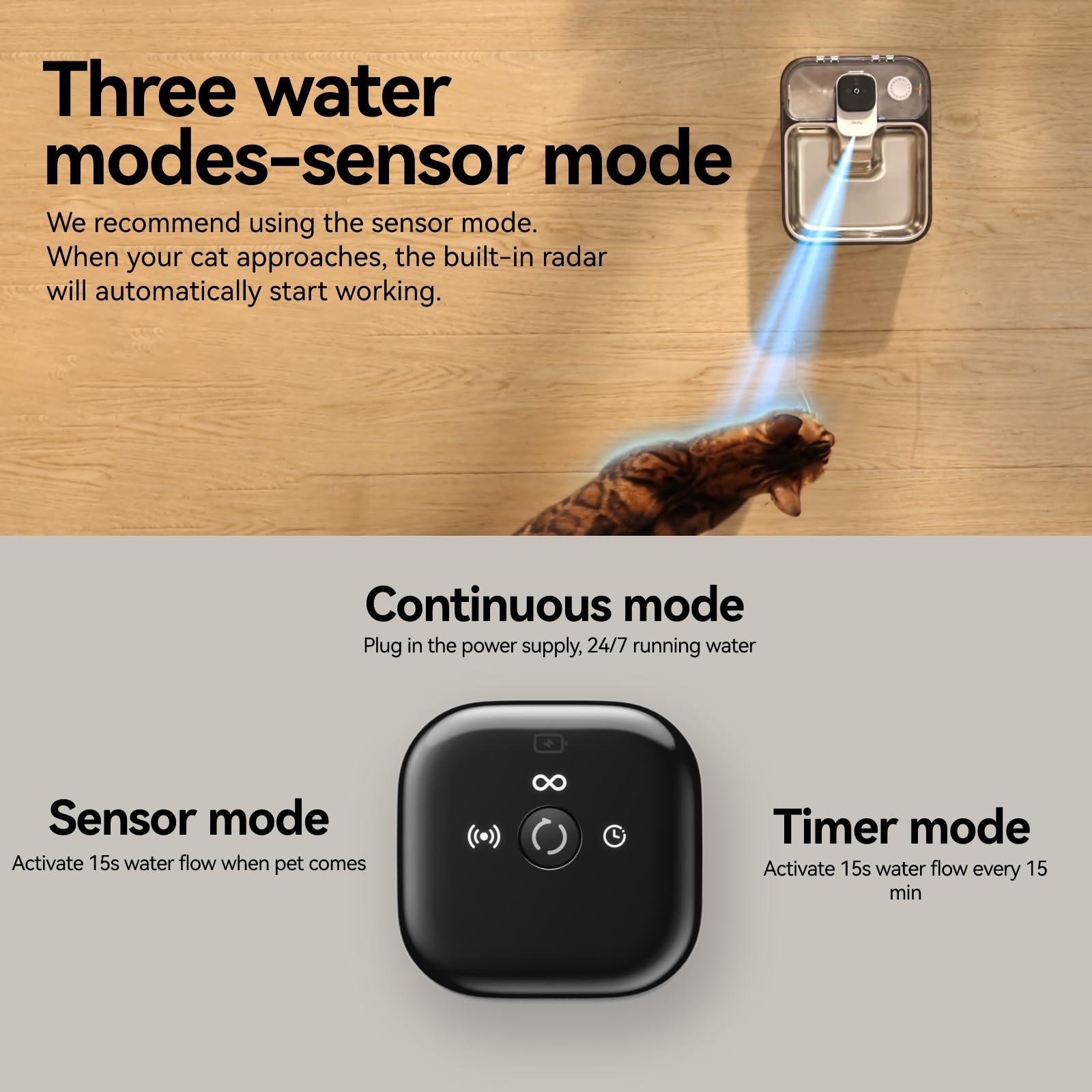 Qinliy fountain demonstrates three water modes for convenient use.