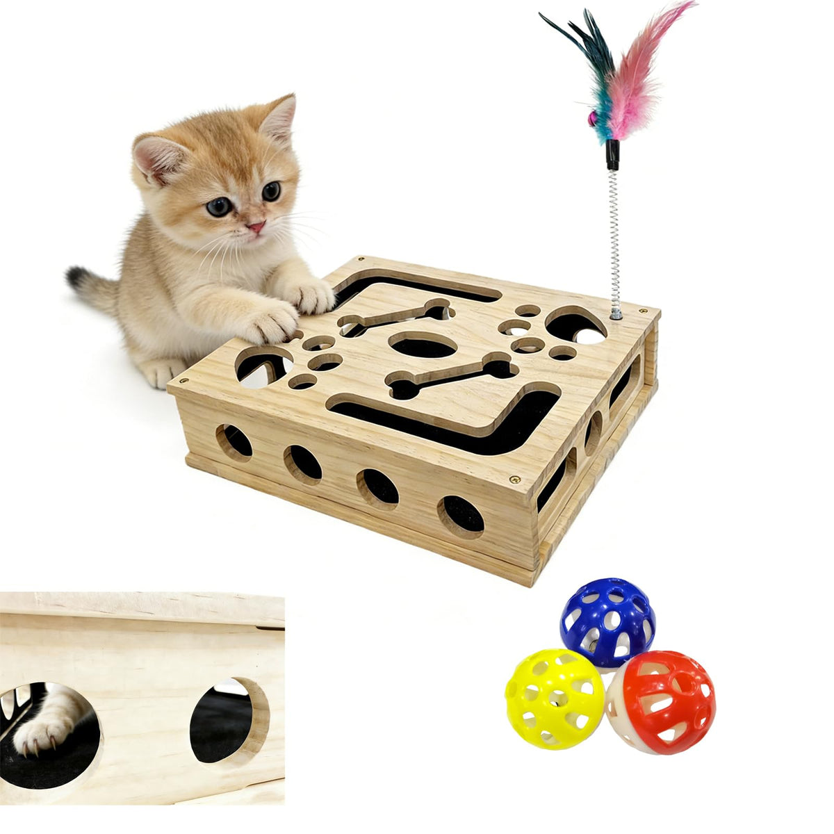 QIPECO Cat Nail File Scratch Enrichment Box inside view showing safe nail filing during play